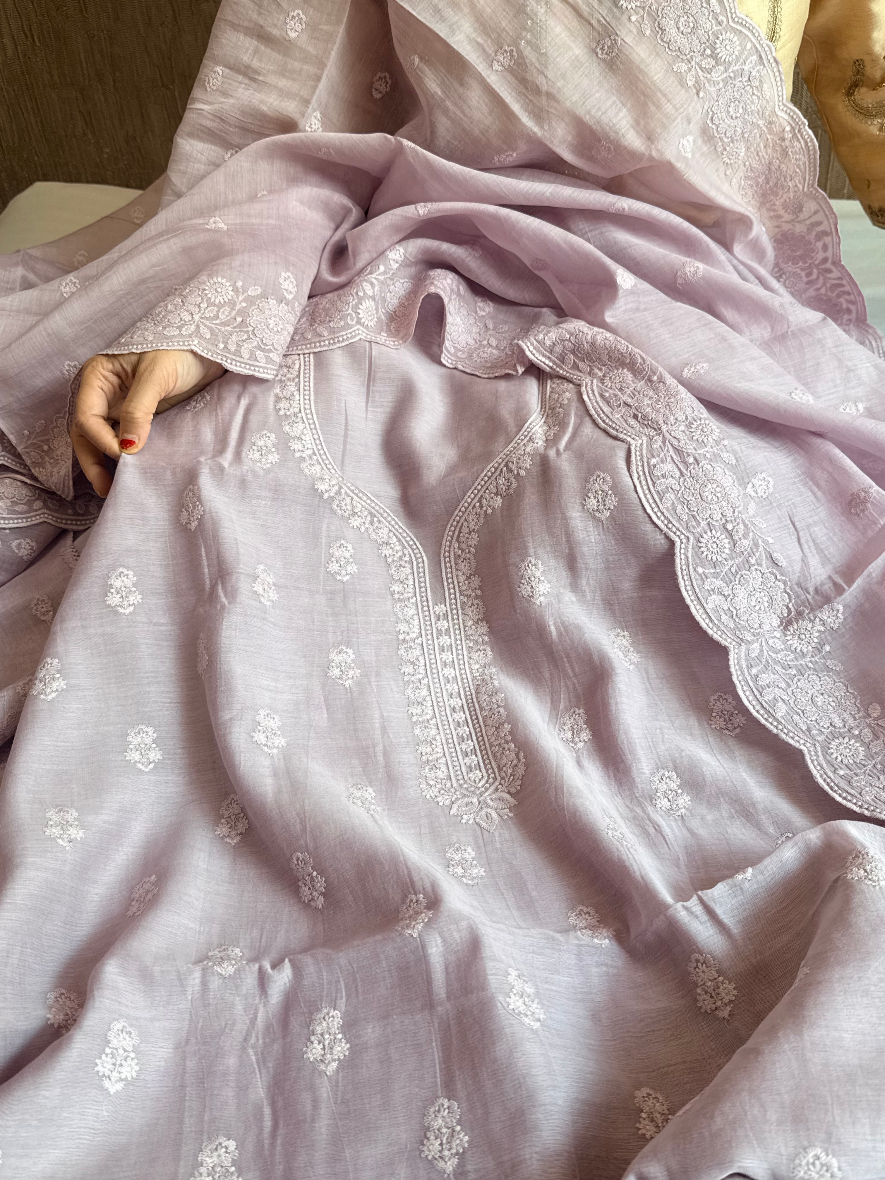Dusty lilac mul cotton thread hand embroidered suit set