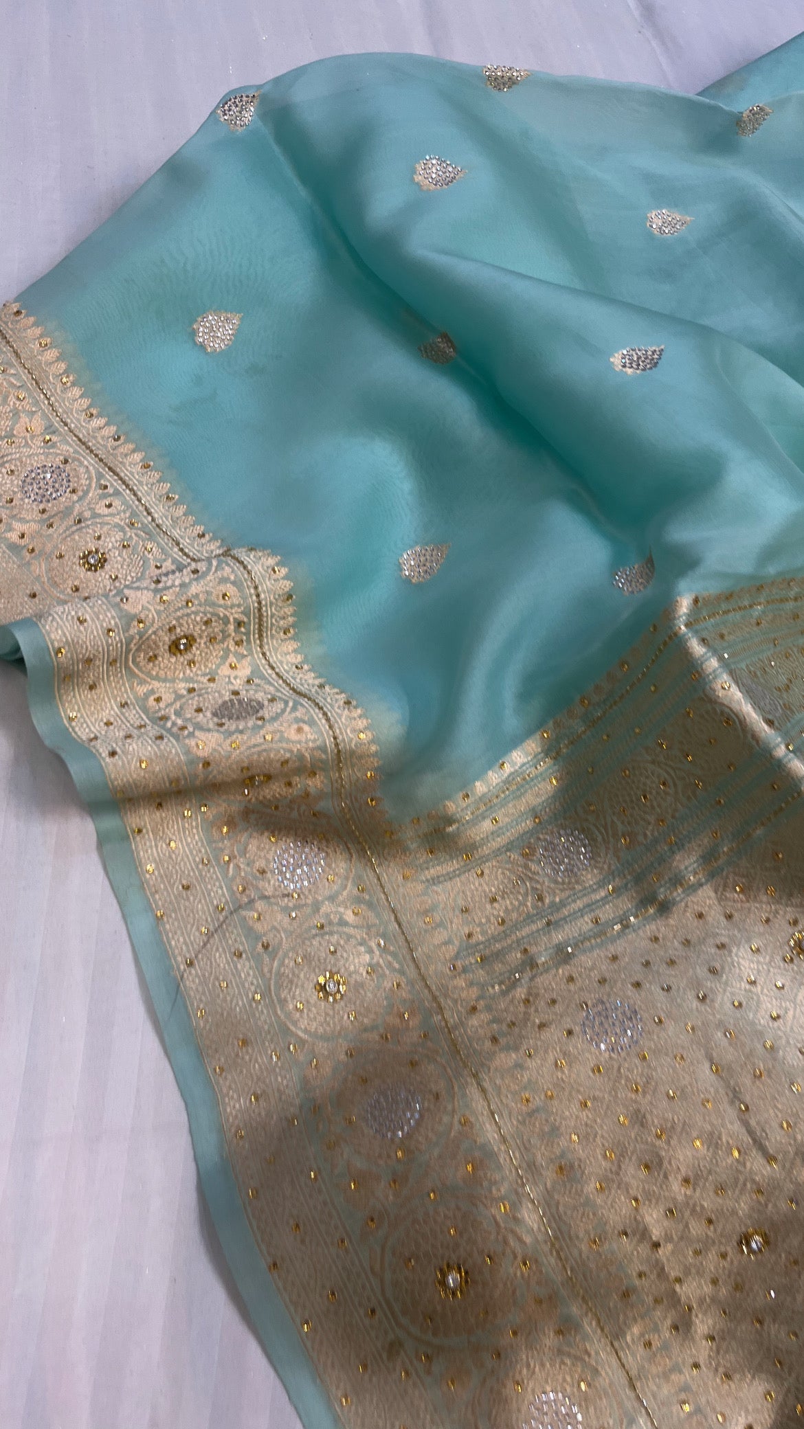 Ice blue sitara kora silk stonework saree