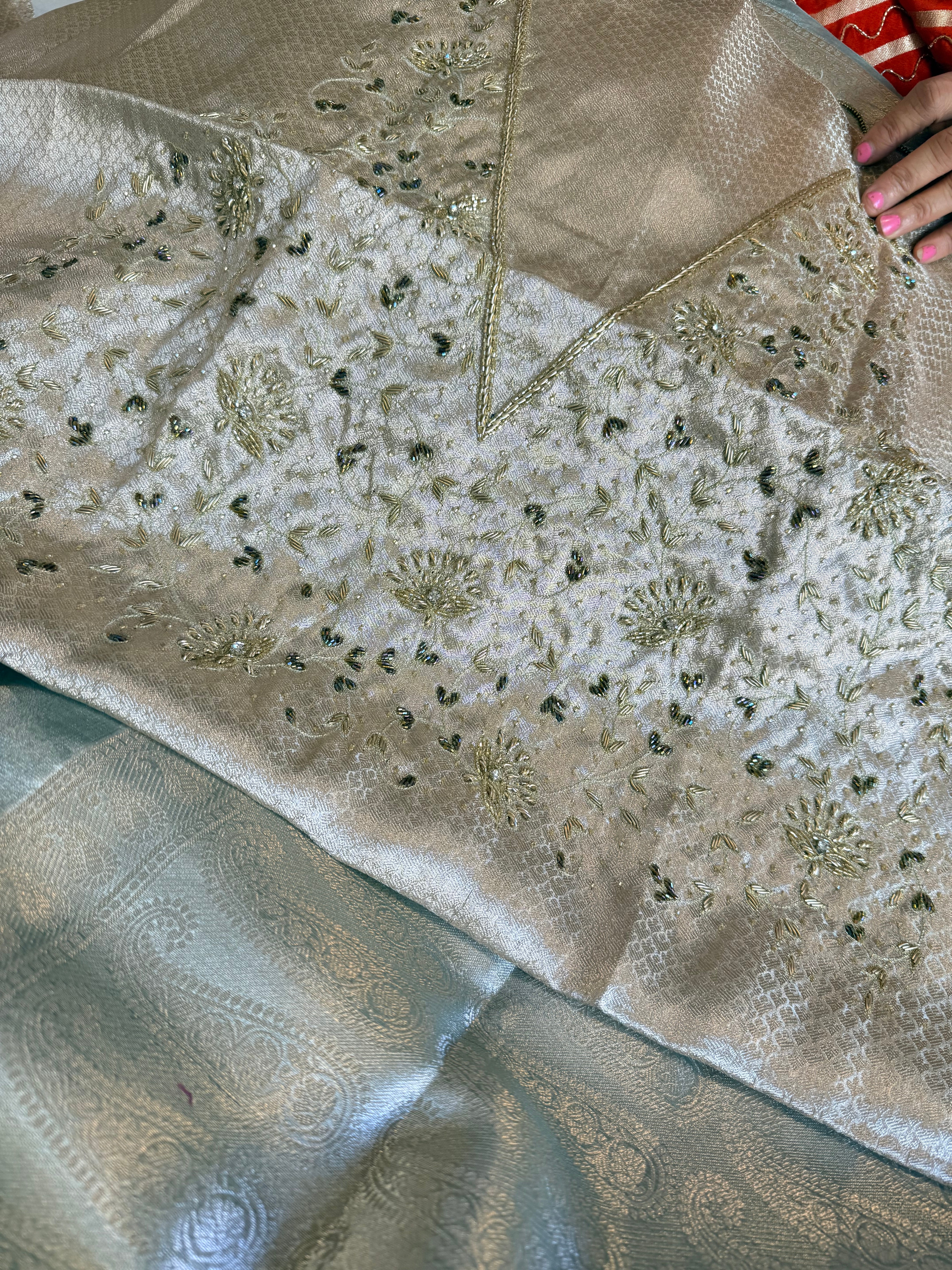 Candy green husn tissue silk hand embroidered kadhwa saree with heavy blouse