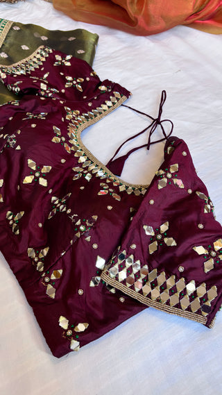 Sitara maroonish red katan silk mirror hand embroidered stitched blouse                                                 Size - 36 to 38