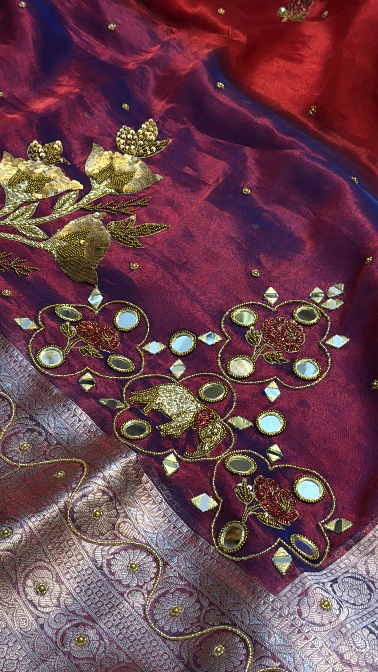 Dulhan ka joda husn dhup chao red tissue silk mirror work hand embroidered saree