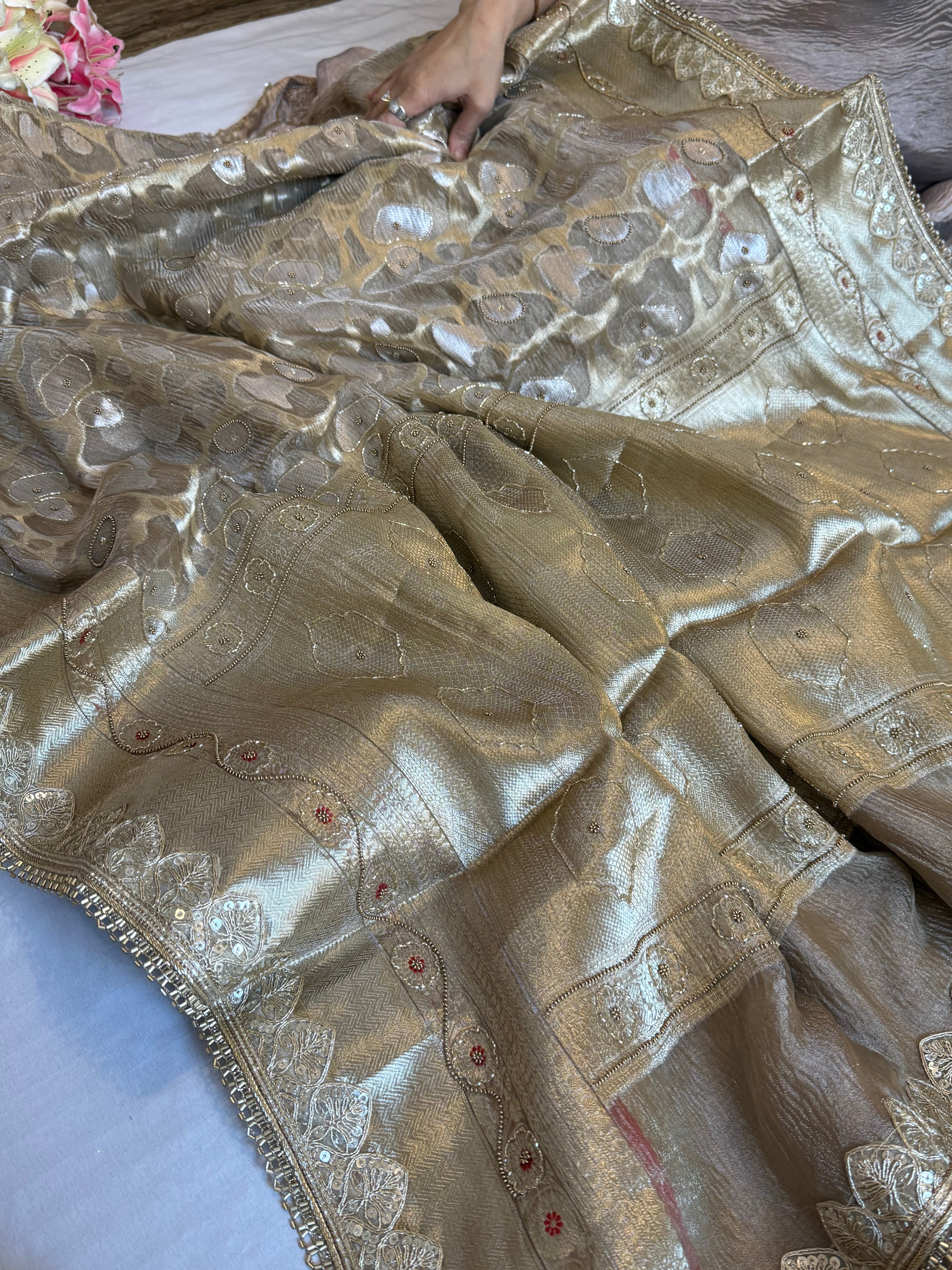 Mehfil sona rupa crushed tissue silk hand embroidered kadhwa saree