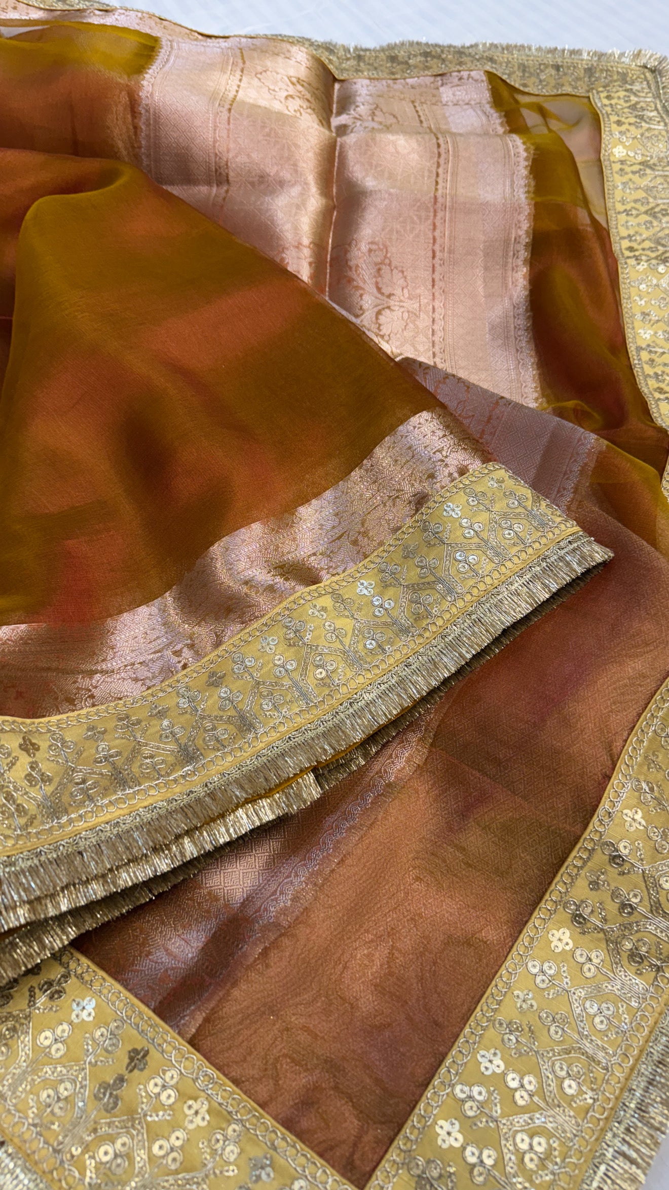 Dusty orange maharani tissue silk meenakari border saree