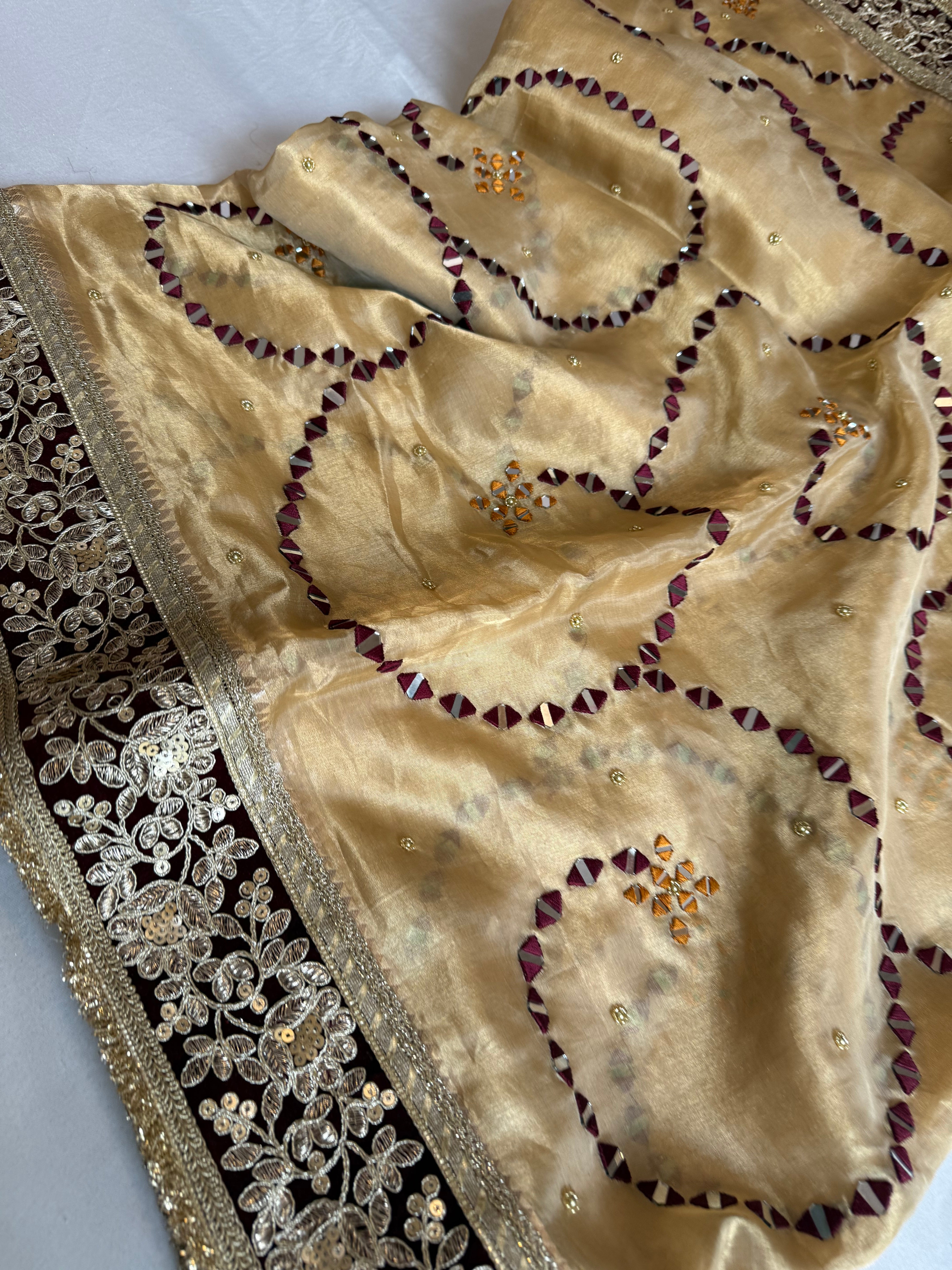 Sheesham edit - Heavy double tissue silk mirror work hand embroidered saree