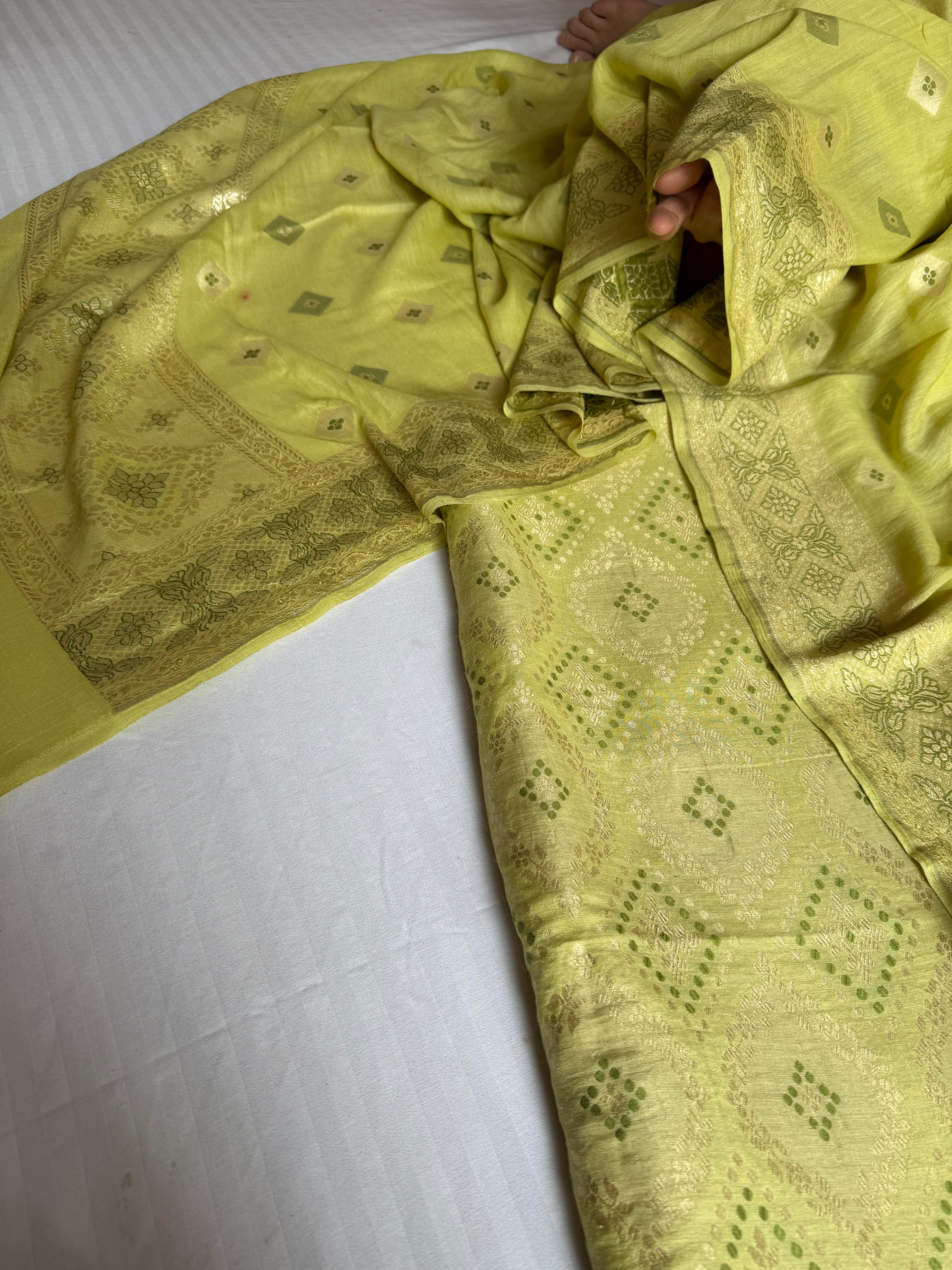Lime green moonga silk bandhej weaving kadhwa suit set