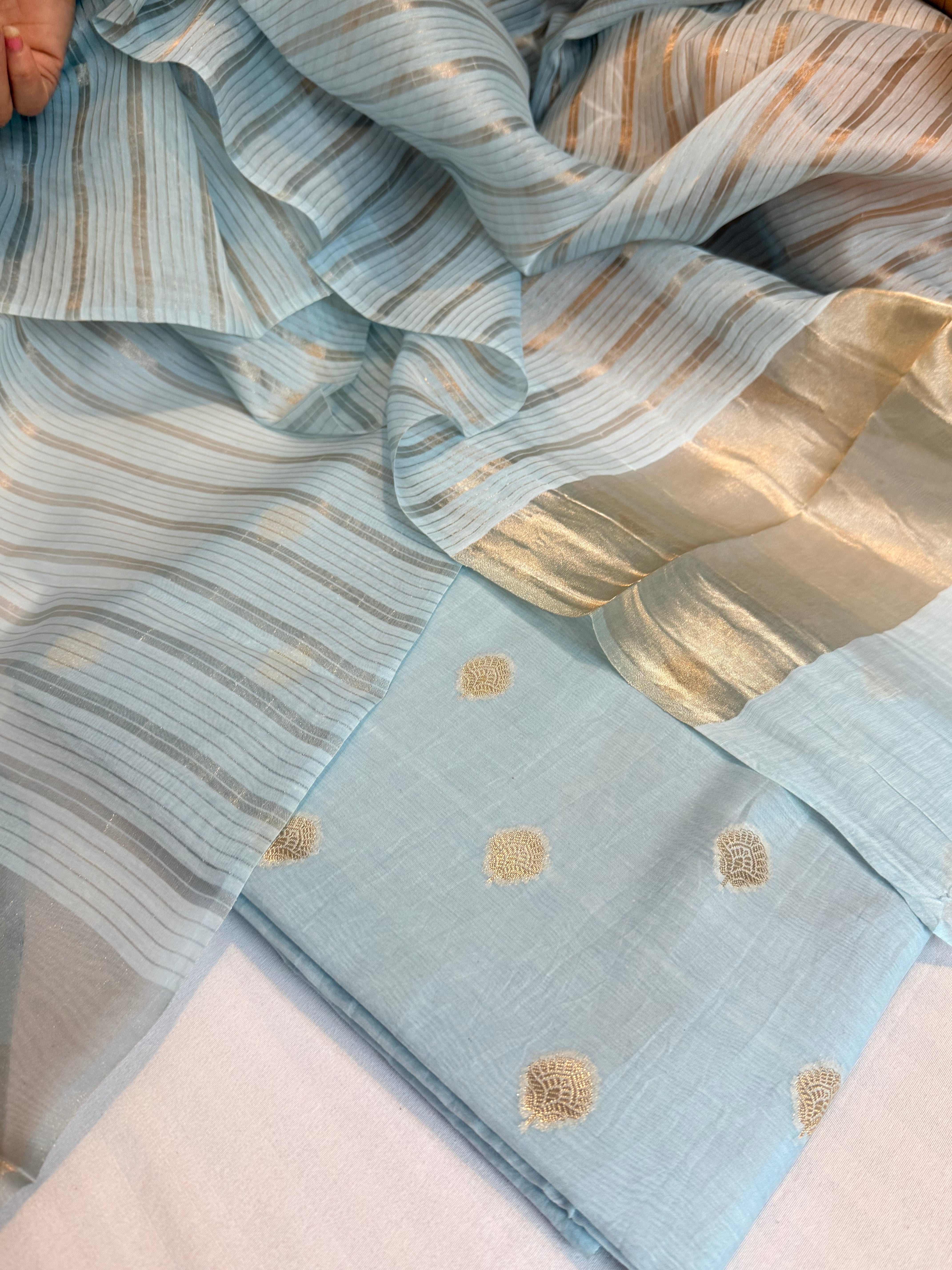 BELOW 8K - Ice blue zari cotton striped kadhwa buti banarasi suit set