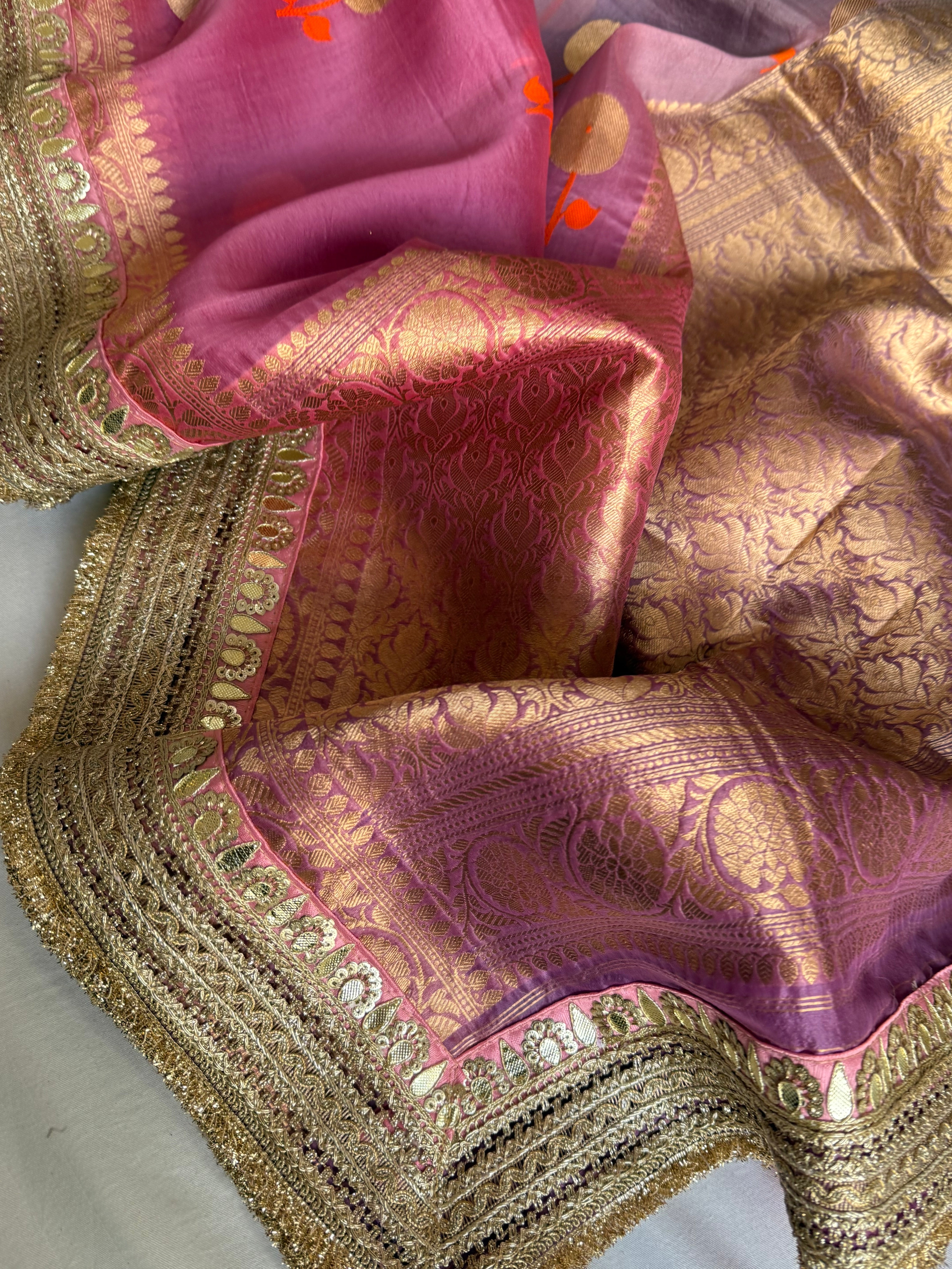 Rang-birangi banarasi kora silk multicoloured shaded kadhwa saree