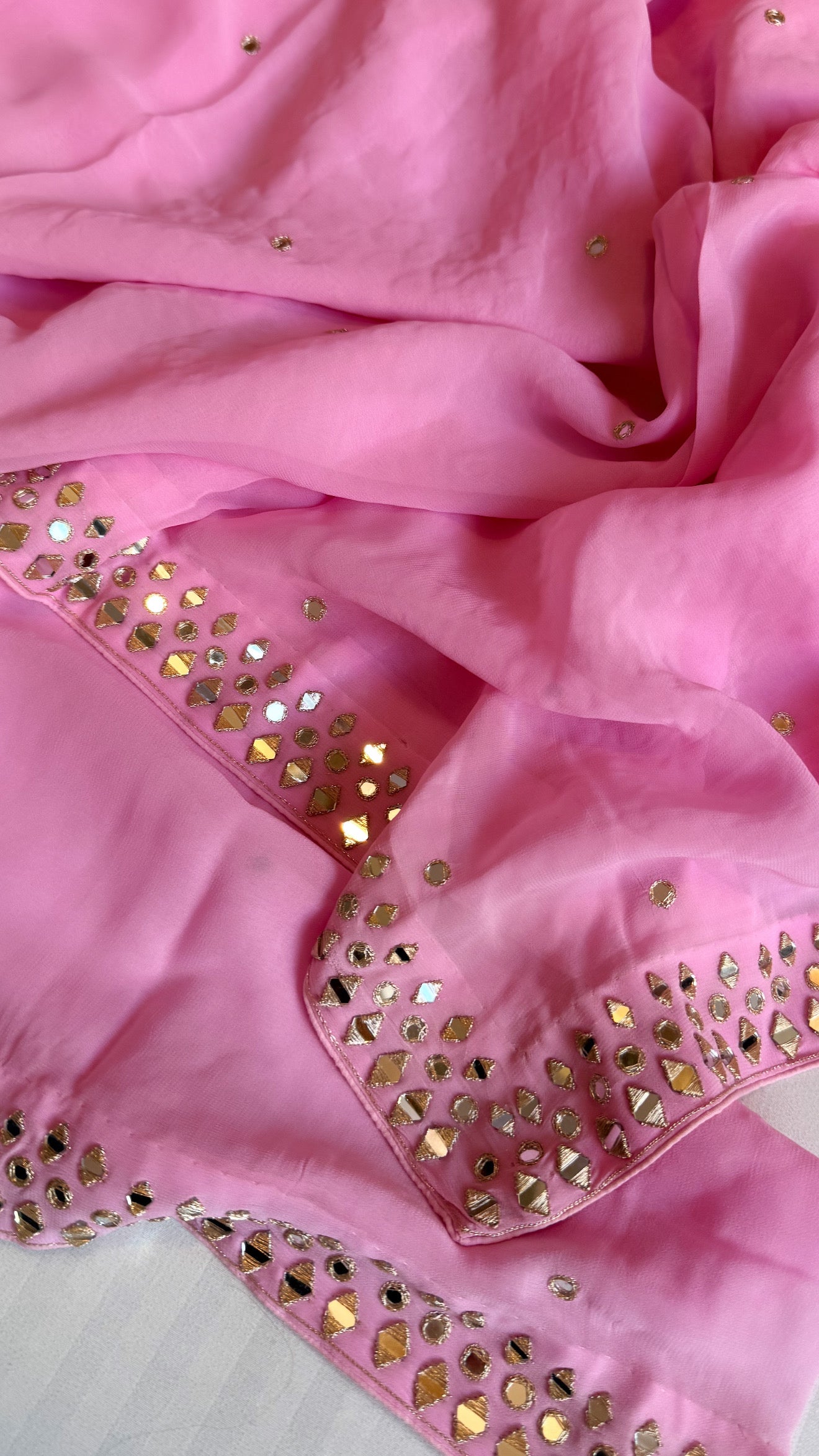 Mother’s Day offer - Candy pink chiffon gorgette mirrorwork hand embroidered sarees
