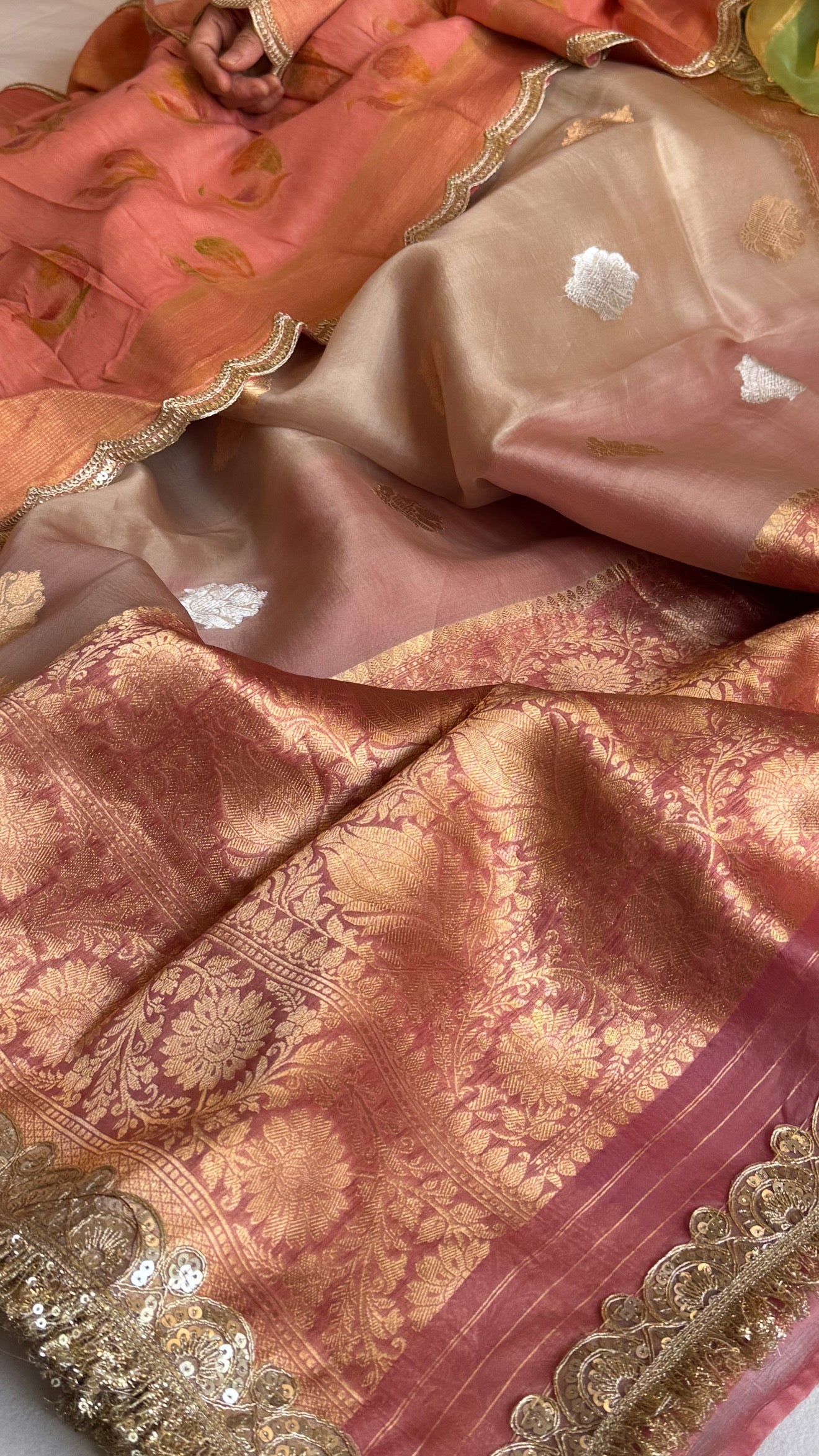 Kora silk chap dye contrast border kadhwa saree paired with moonga silk duppata