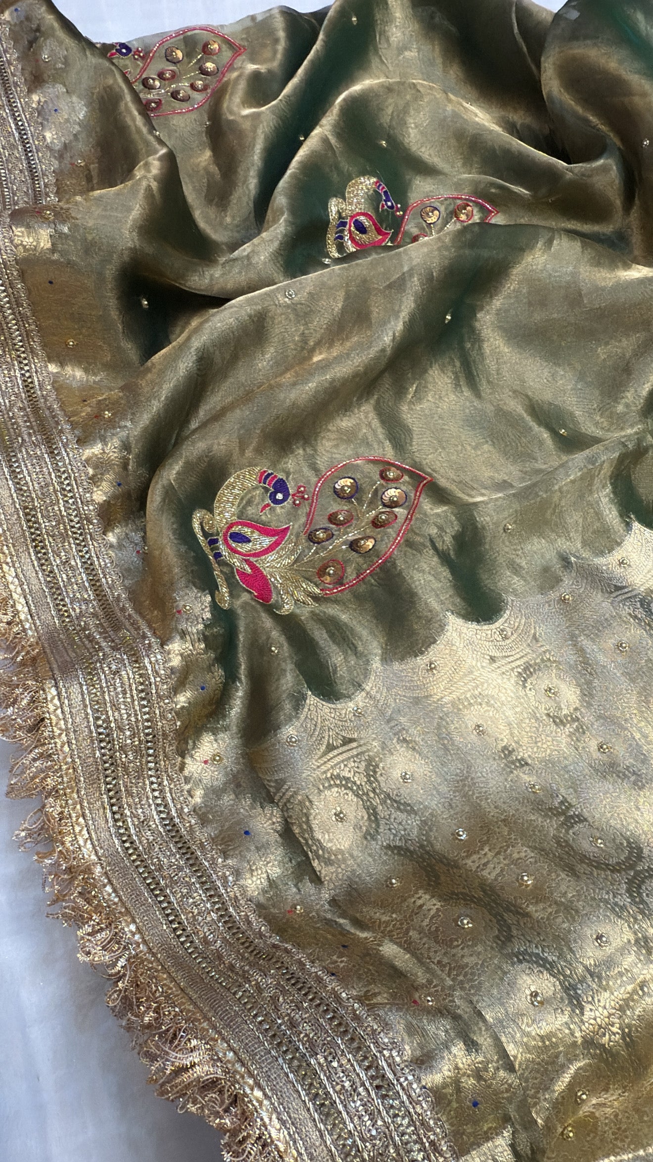 Mint green tissue silk heavy hand embroidered kadhwa saree