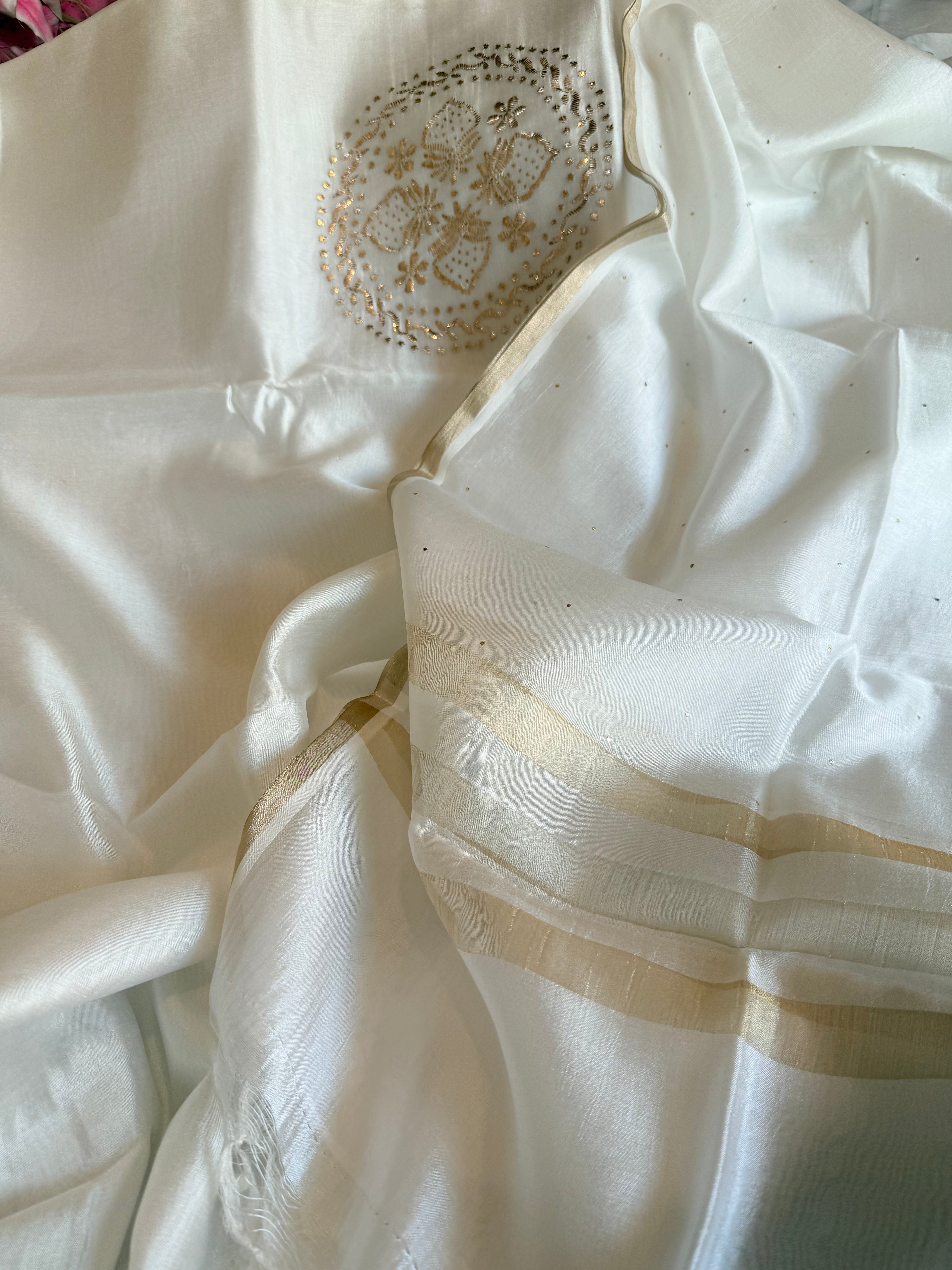 Pearl white spun chiniya silk mukaish hand embroidered suit sets