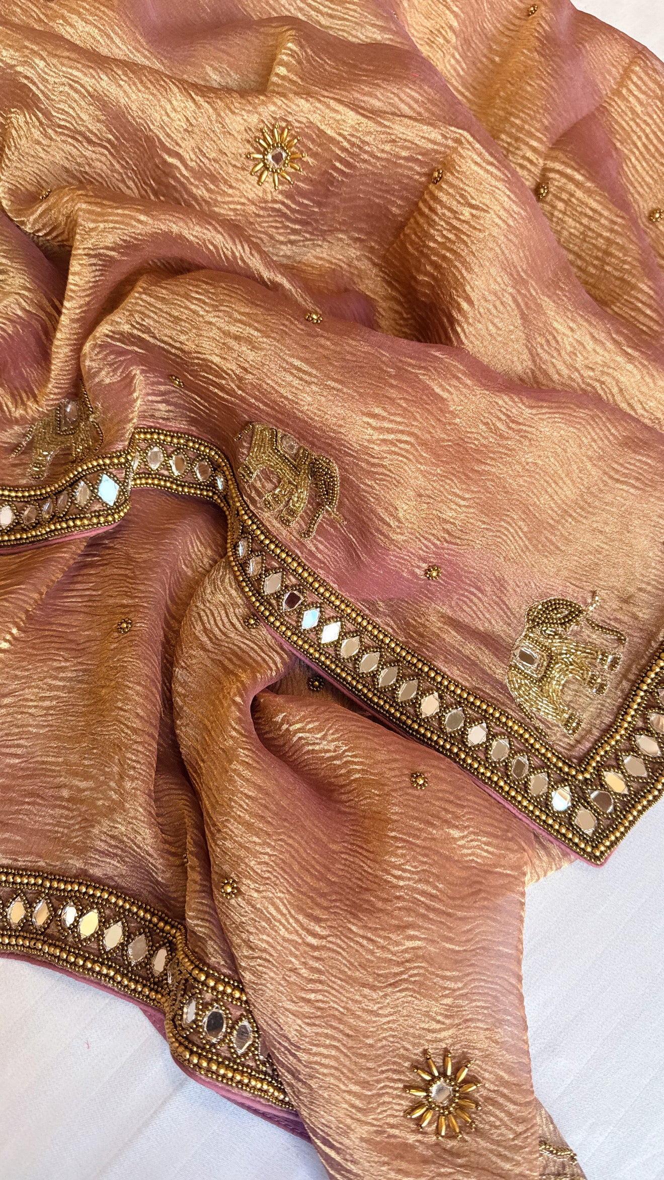 Mirrorwork edit gajri pink crushed tissue silk hand embroidered saree
