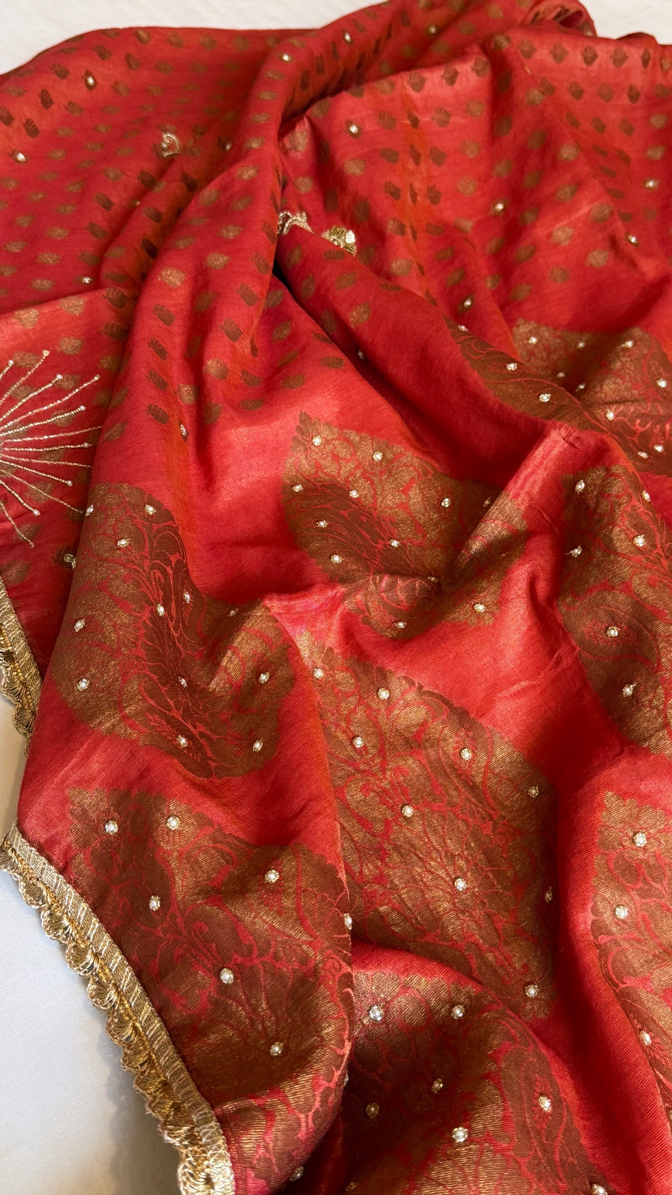 Chilly red tissue gorgette kadhwa antique zari hand embroidered saree