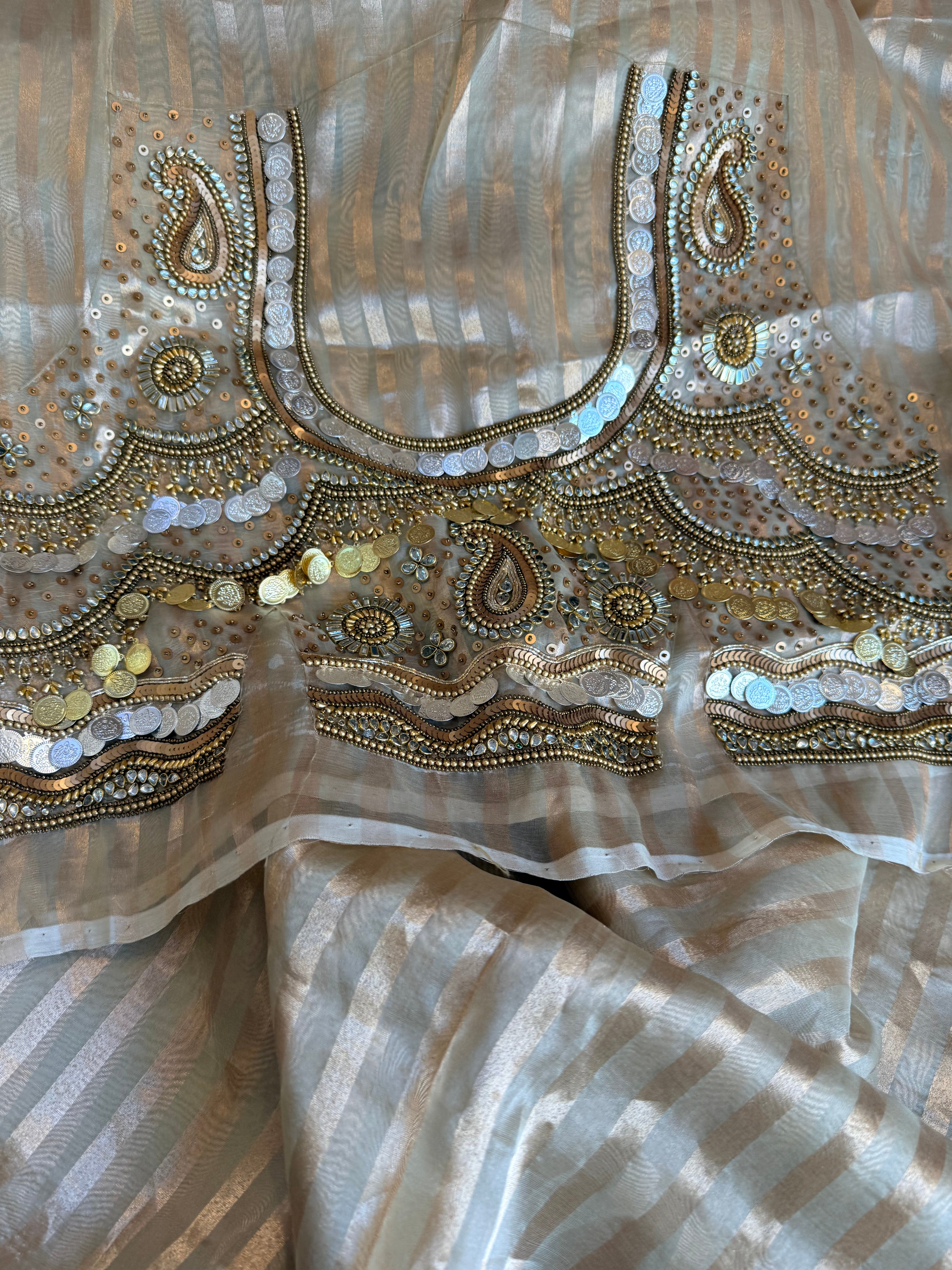 Kundan blouse edit - Ivory gold tissue silk hand embroidered striped saree with jewellery blouse
