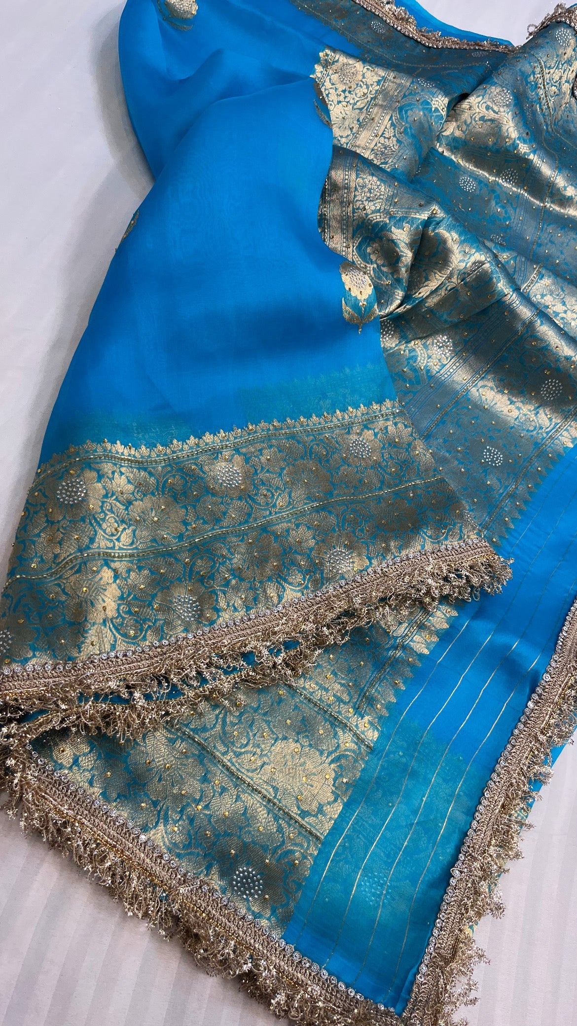 Sea blue sitara kora silk stonework saree