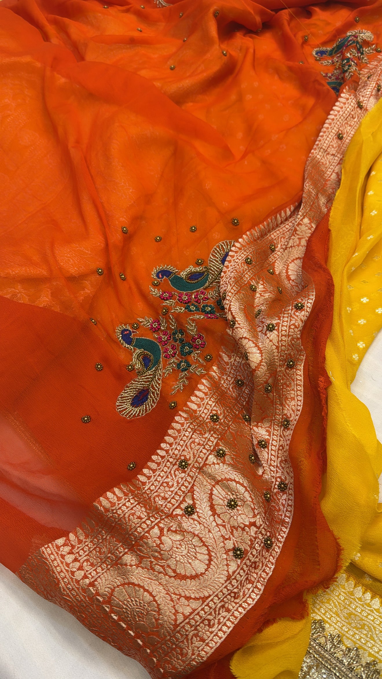 Mango yellow khaddi gorgette kohniya buti pure Banarasi gotapatti saree