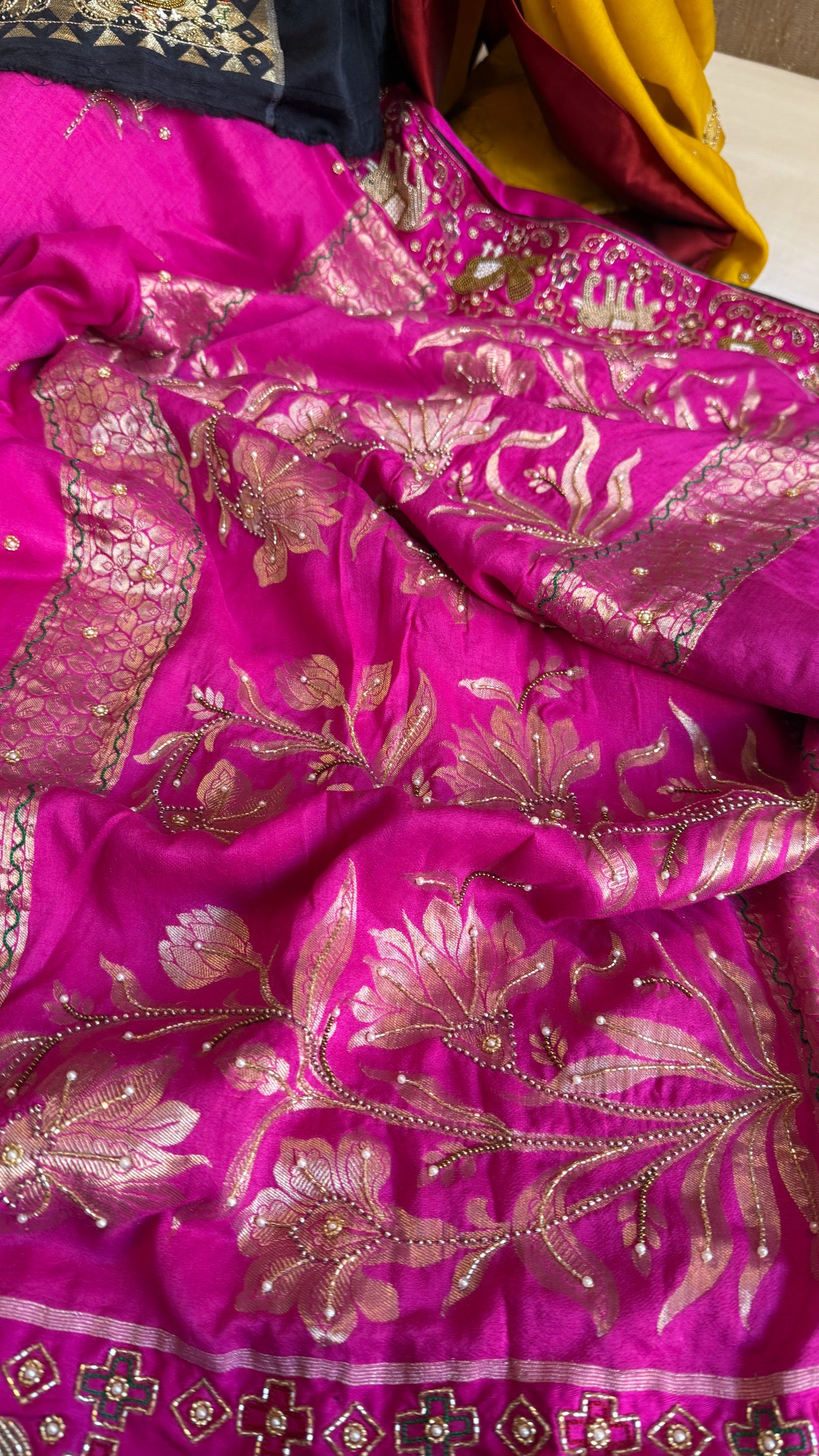 Moonga silk fusion saree with double ikkat patola inspired hand embroidered saree