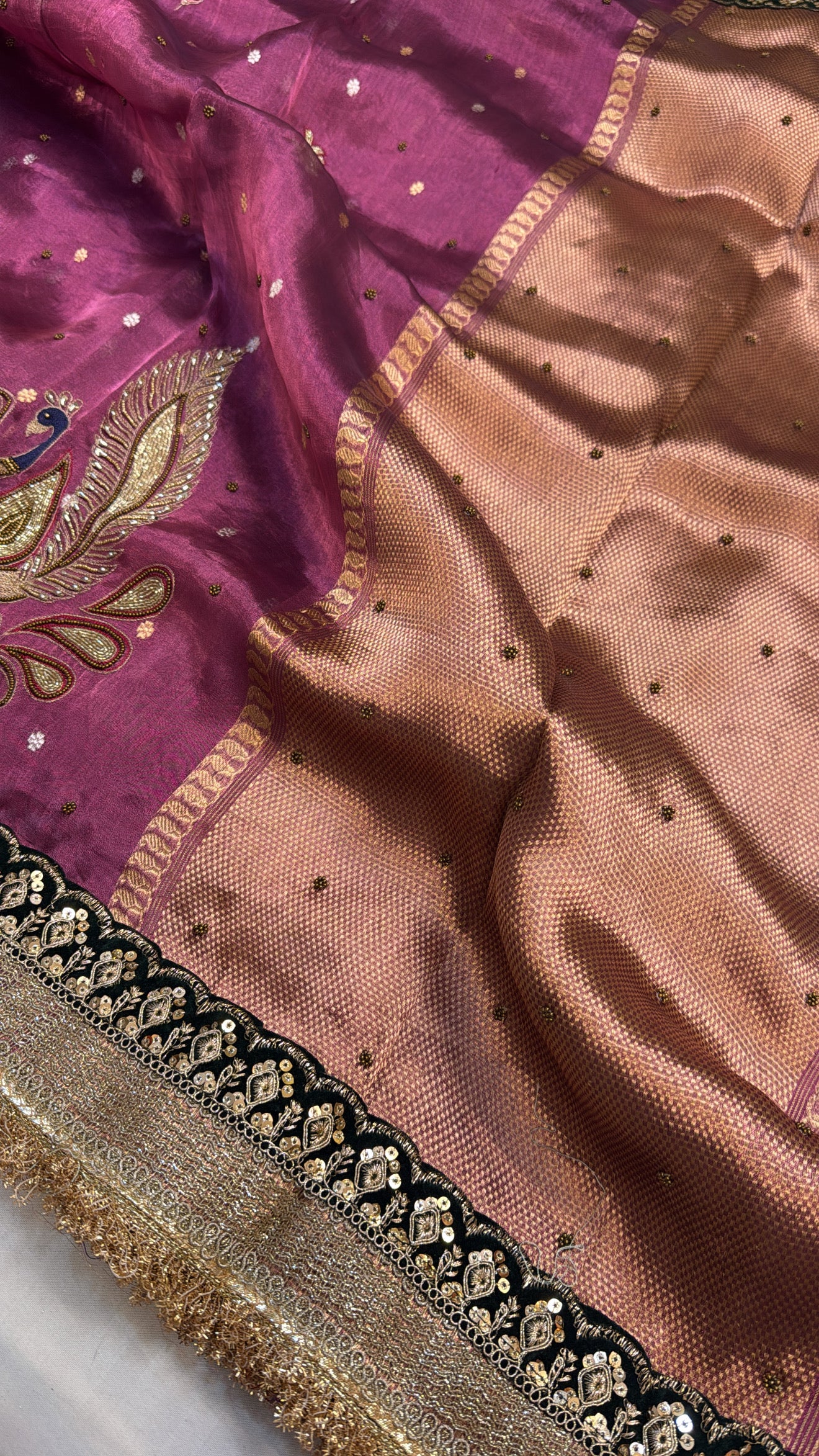 Midnight purple tissue silk peacock motif hand embroidered saree