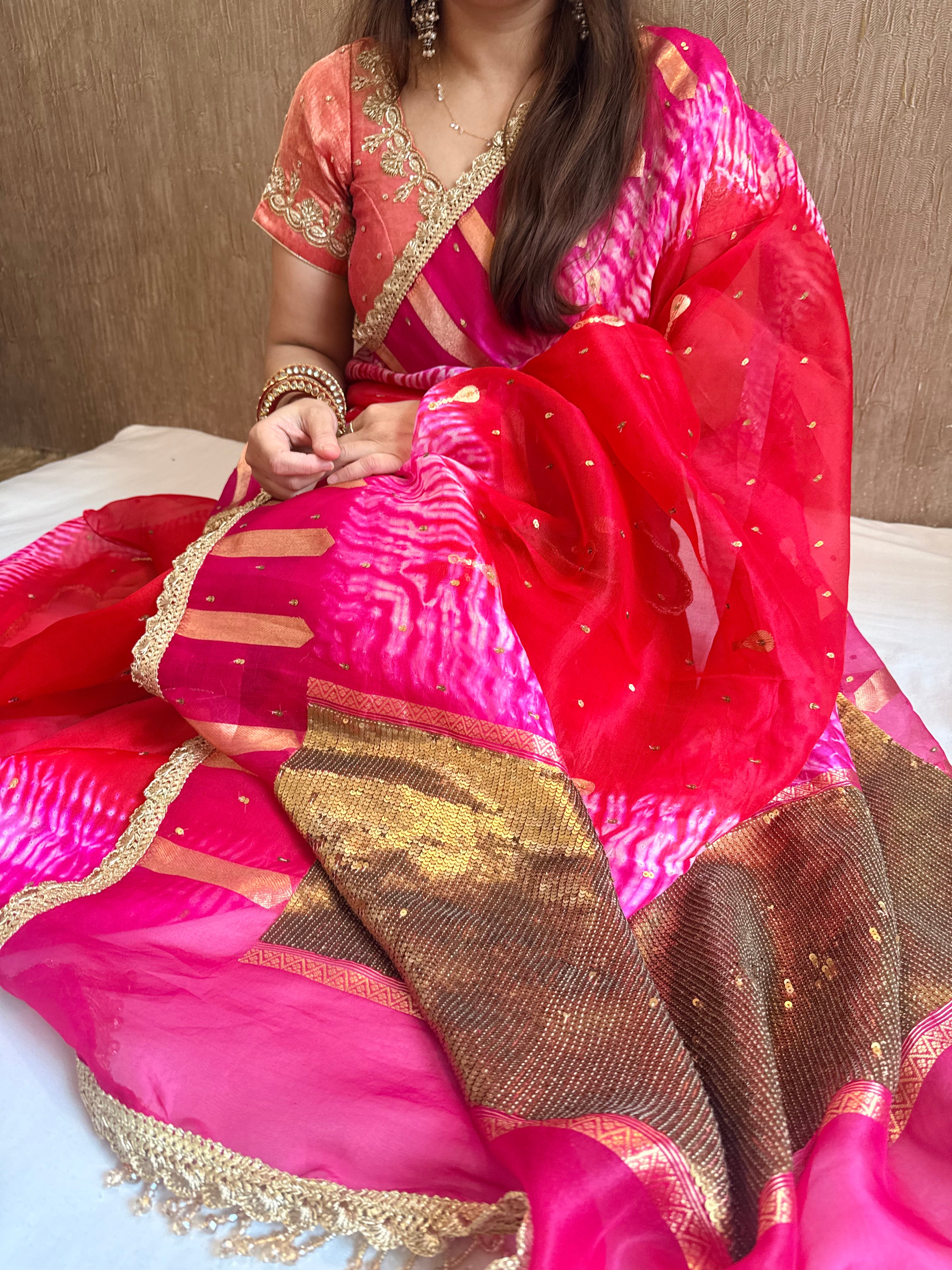 Shibori dye kora silk salma sitara work hand embroidered sequins saree