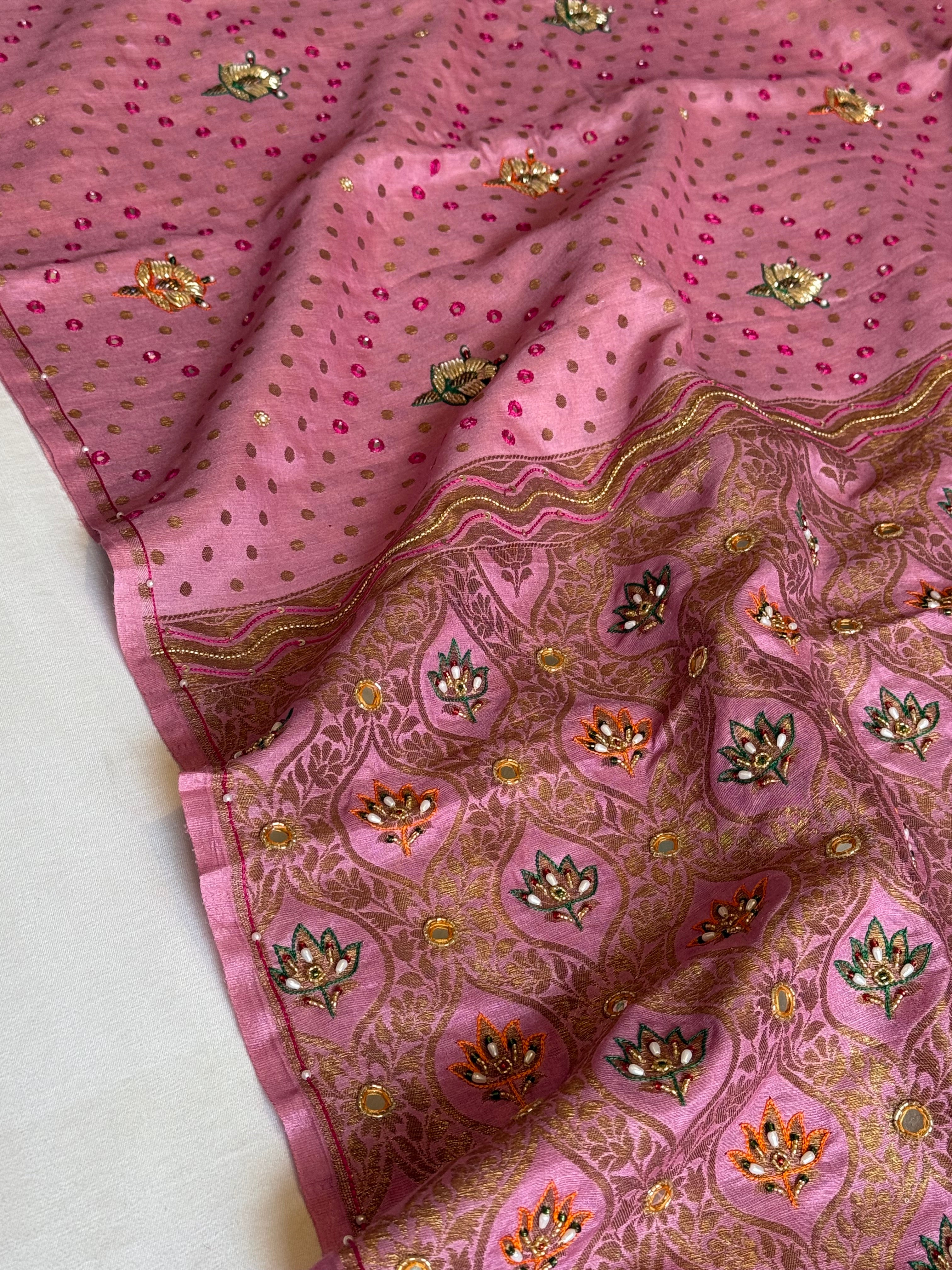 Strawberry pink moonga tussar antique zari hand embroidered kadhwa saree