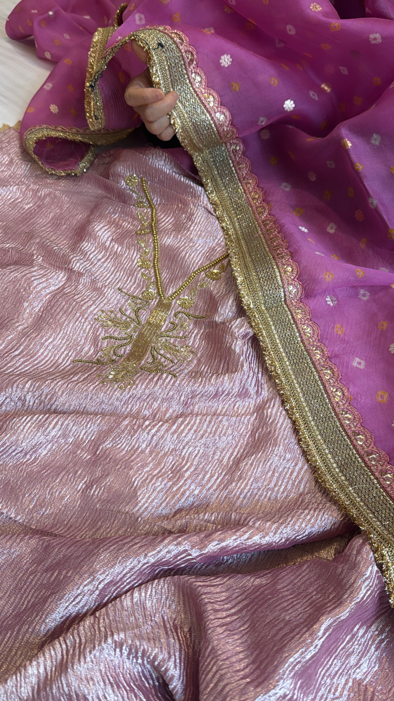 Lavender crushed tissue silk hand embroidered kadhwa suit set