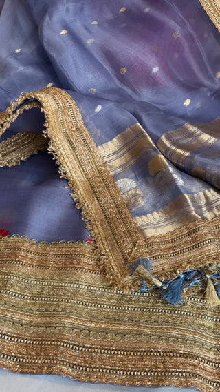 Dusty blue kora silk kadhwa gotapatti work suit set