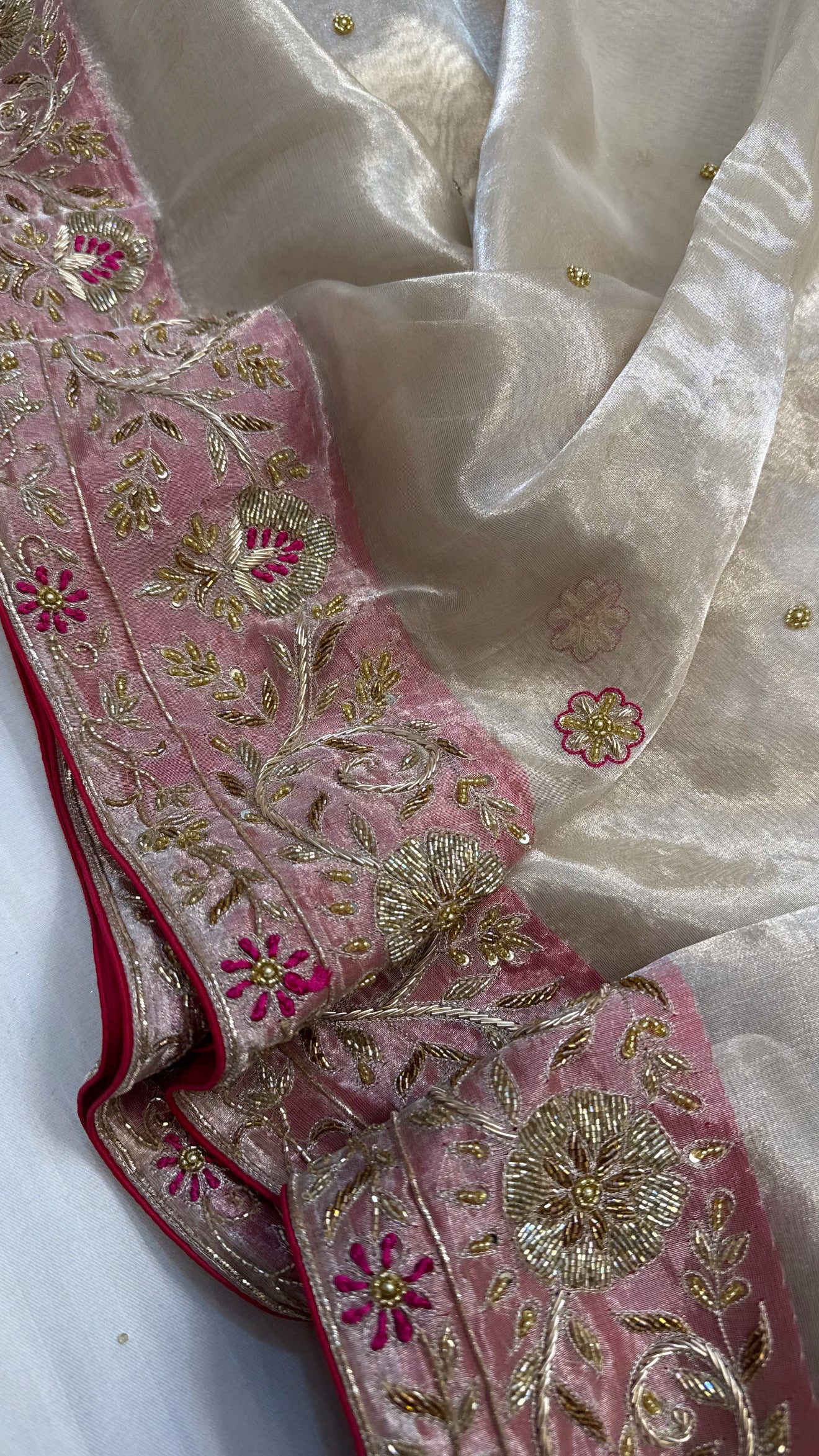 Gulab ki pankhuri husn tissue silk heavy zardozi hand embroidered border saree