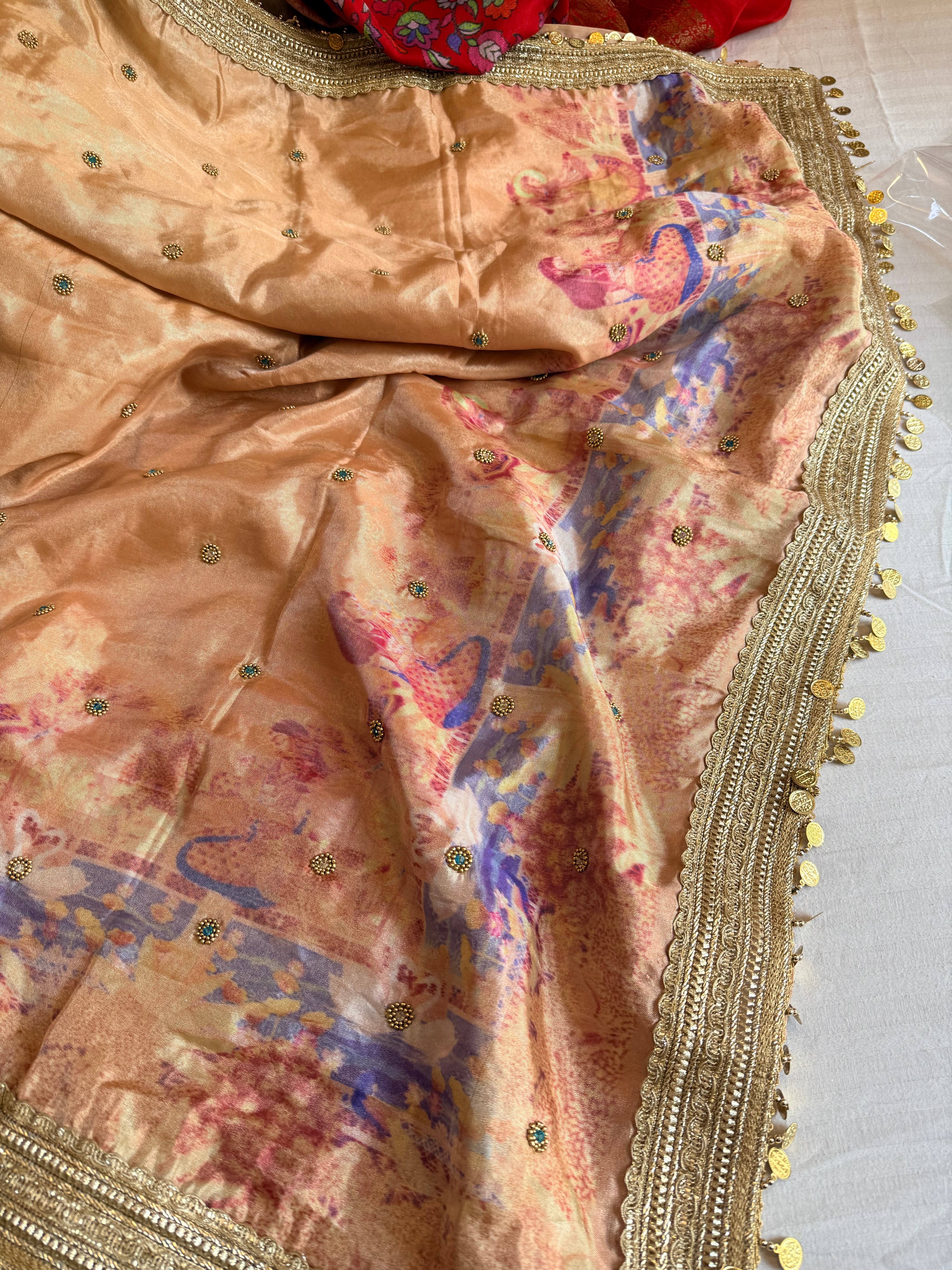 Printed tissue silk hand embroidered kadhwa gotapatti saree