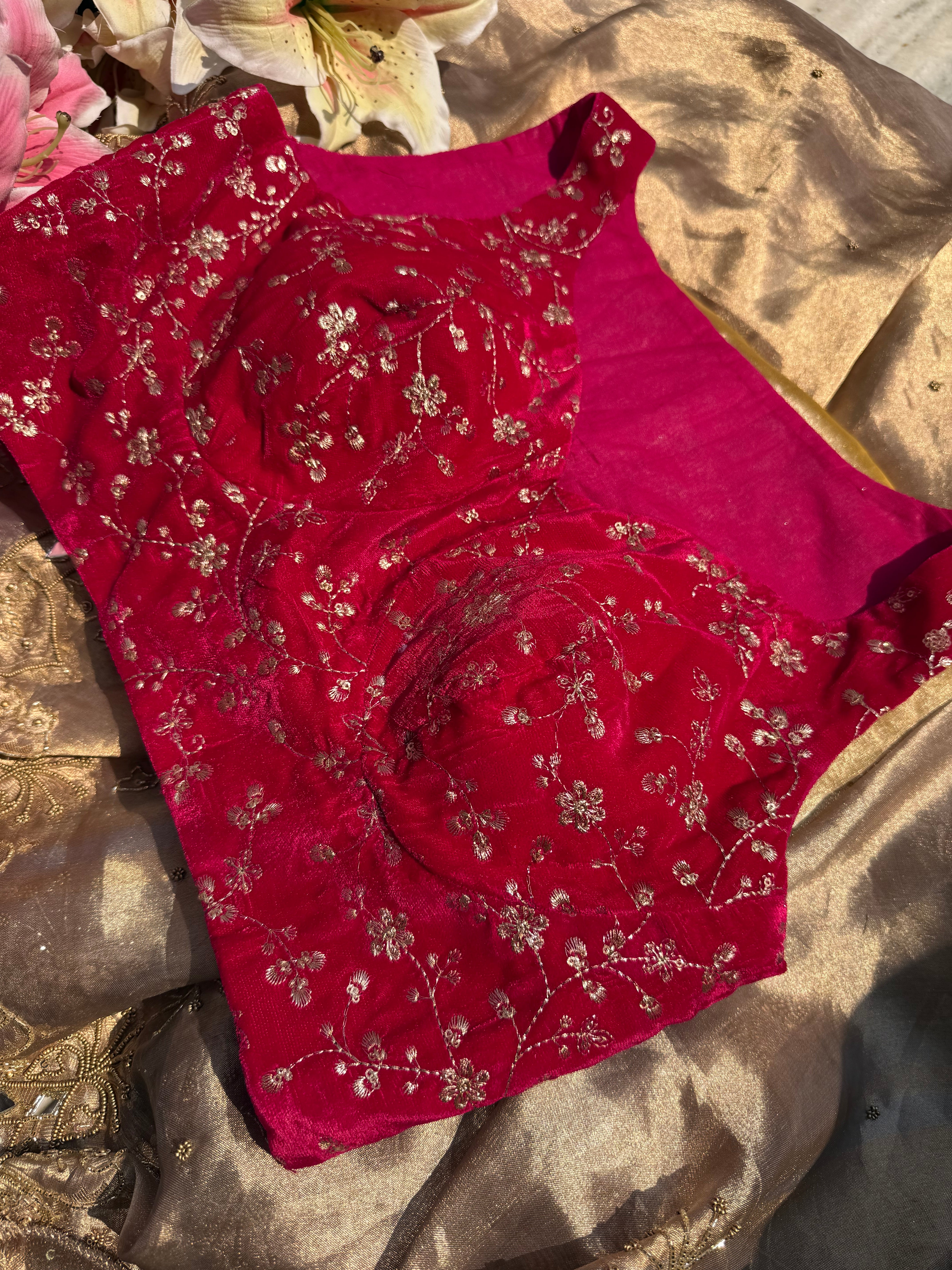 Free size velvet rani pink hand embroidered blouse