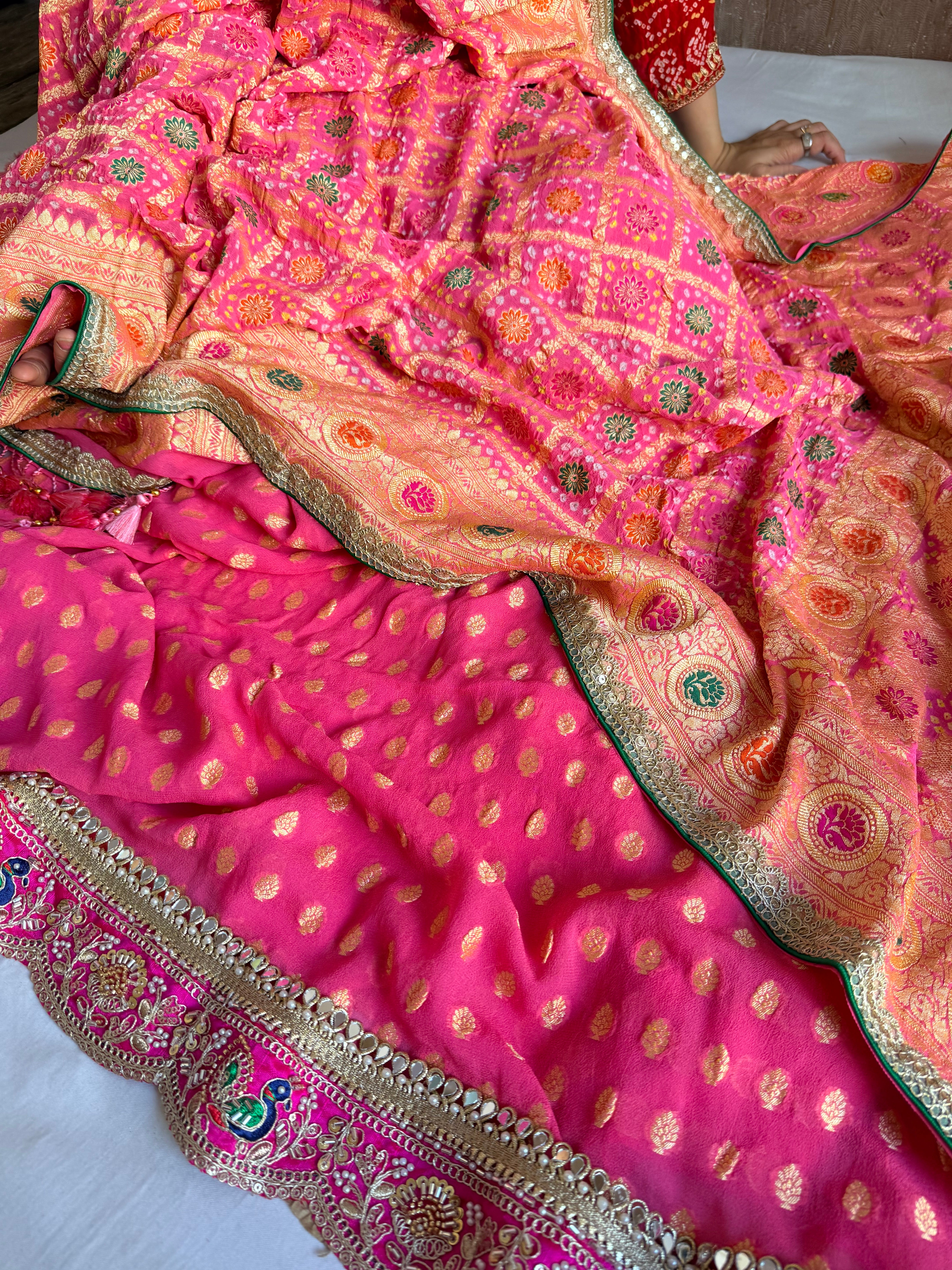 Rai bandhej strawberry pink banarasi chiffon gorgette gotapatti suits