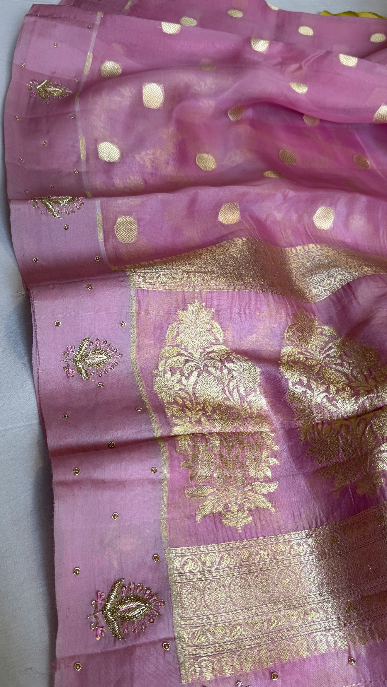 Blush pink banarasi kora silk kadhwa hand embroidered