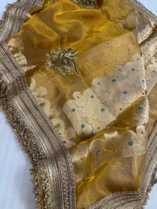 Cocktail wali saree - Gold yellow tissue silk heavy hand embroidered saree