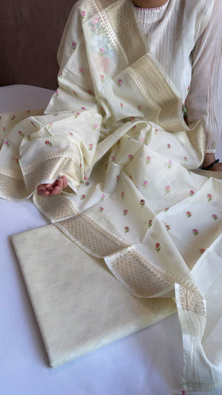 Lemon mul cotton resham work hand embroidered suit set