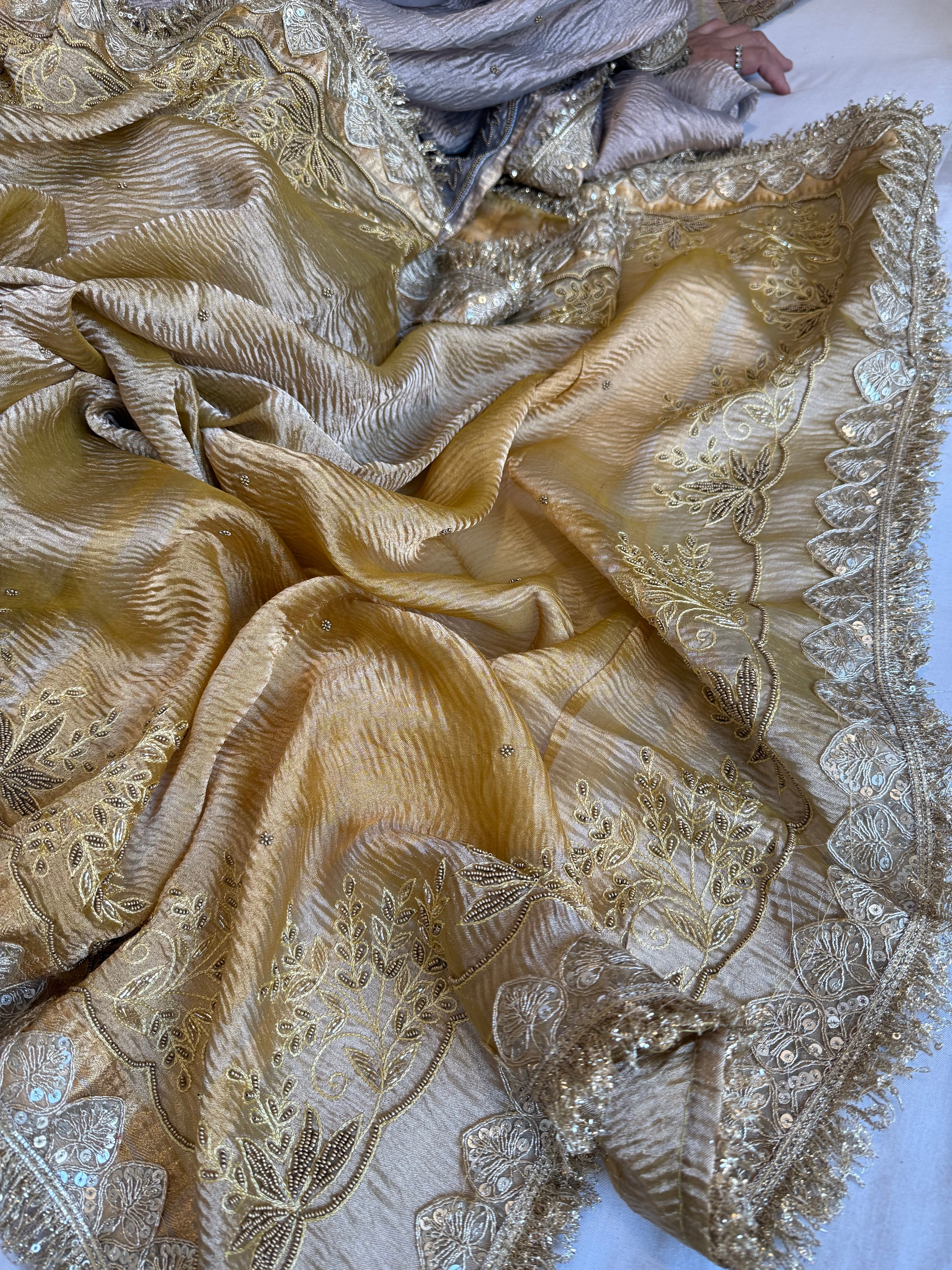 Olive gold crushed tissue silk hand embroidered kadhwa saree