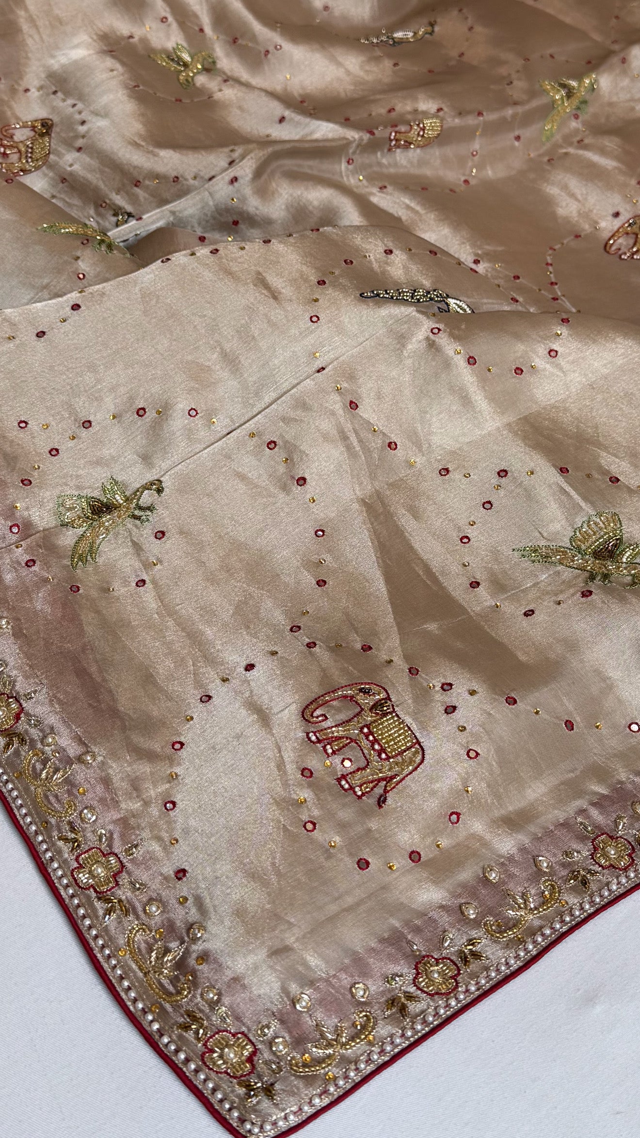 Shikarbagh edit ivory gold diamond tissue silk hand embroidered kadhwa saree