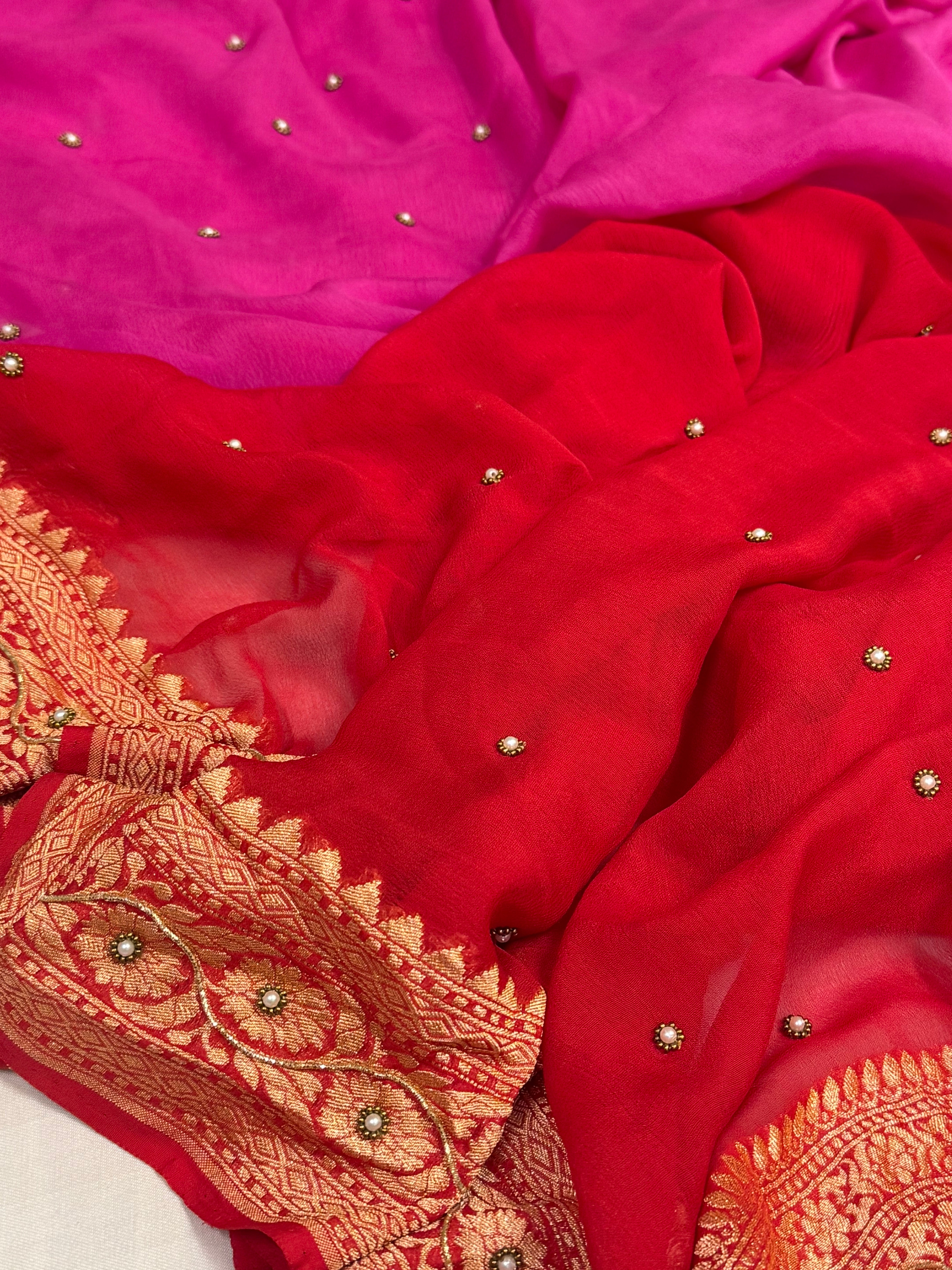 Red-rani hand embroidered ombre shaded chiffon gorgette kadhwa saree