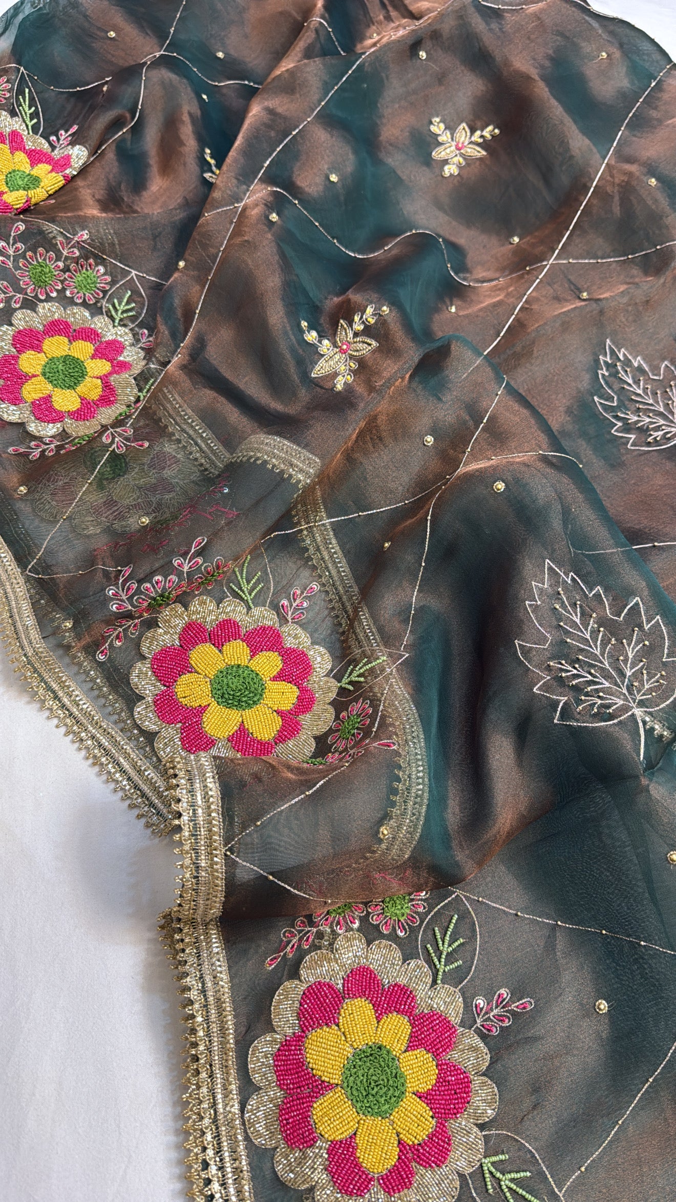 Copperish green tissue silk hand embroidered kadhwa gotapatti saree