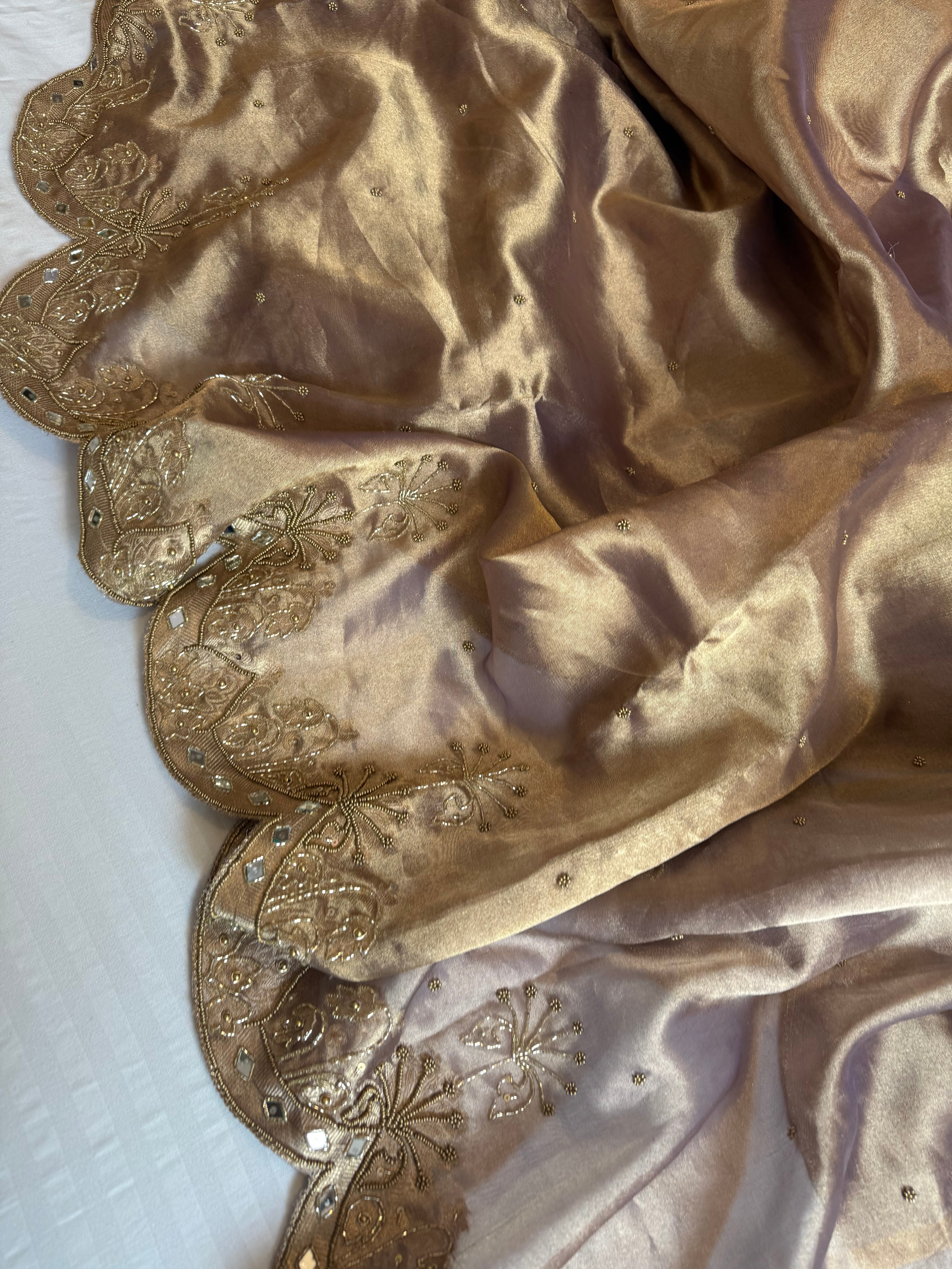 Husn soft lavender tissue silk heavy hand embroidered saree