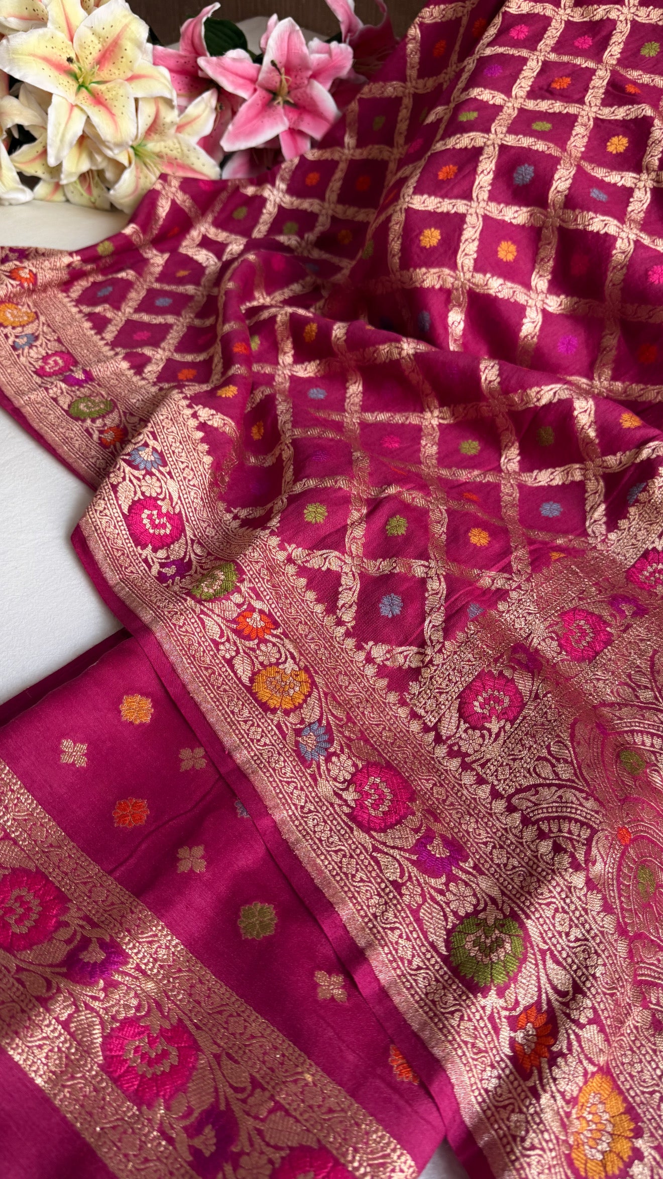 Moonga silk cranberry shade chaukadi duppata with meenakari kadhwa weaving