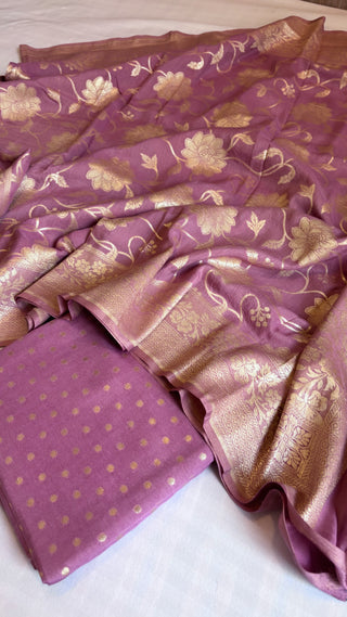 Rose pink moonga silk kadhwa jaal suit set