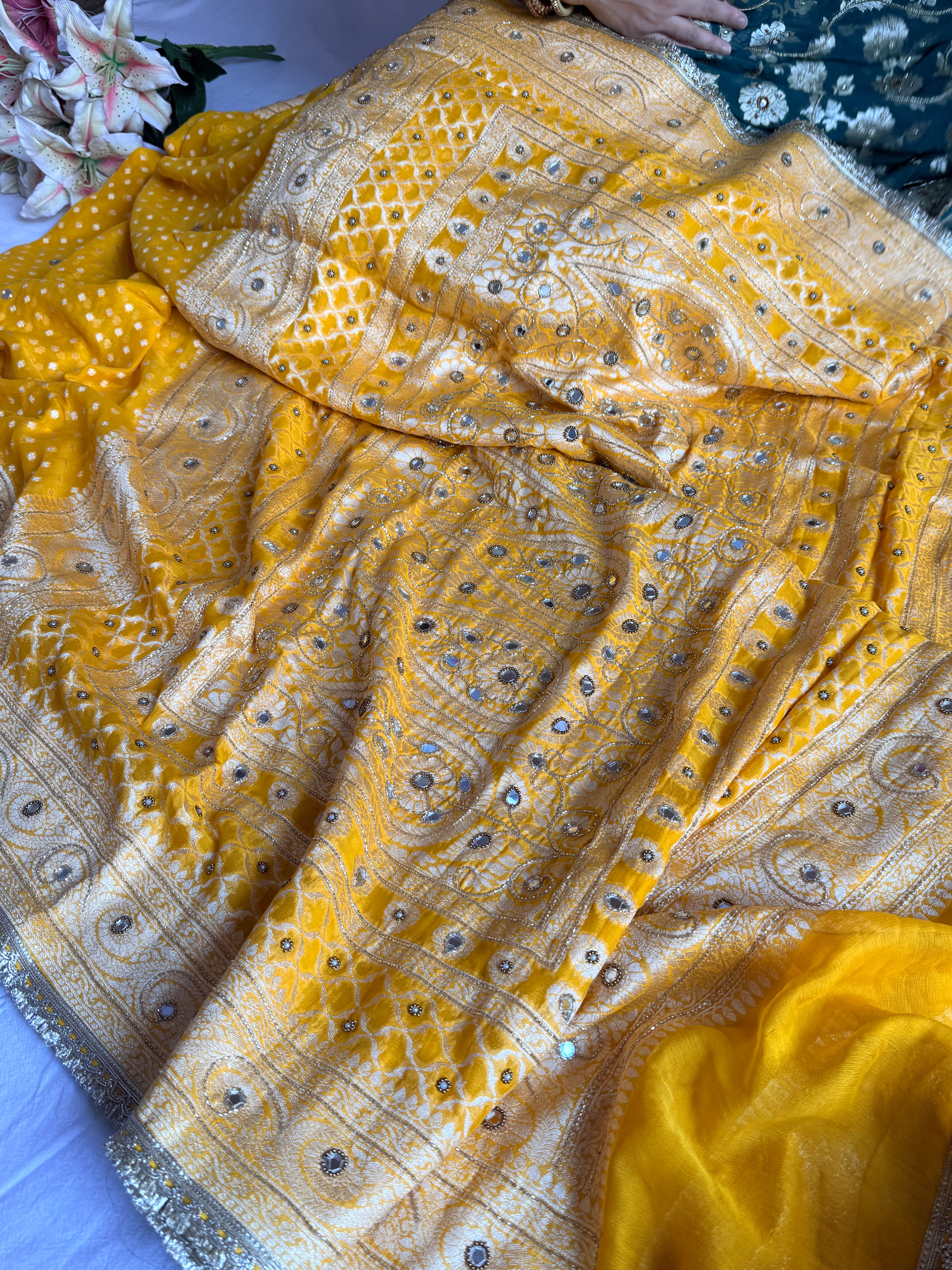 Banarasi chiffon gorgette kadhwa weaving hand embroidered saree