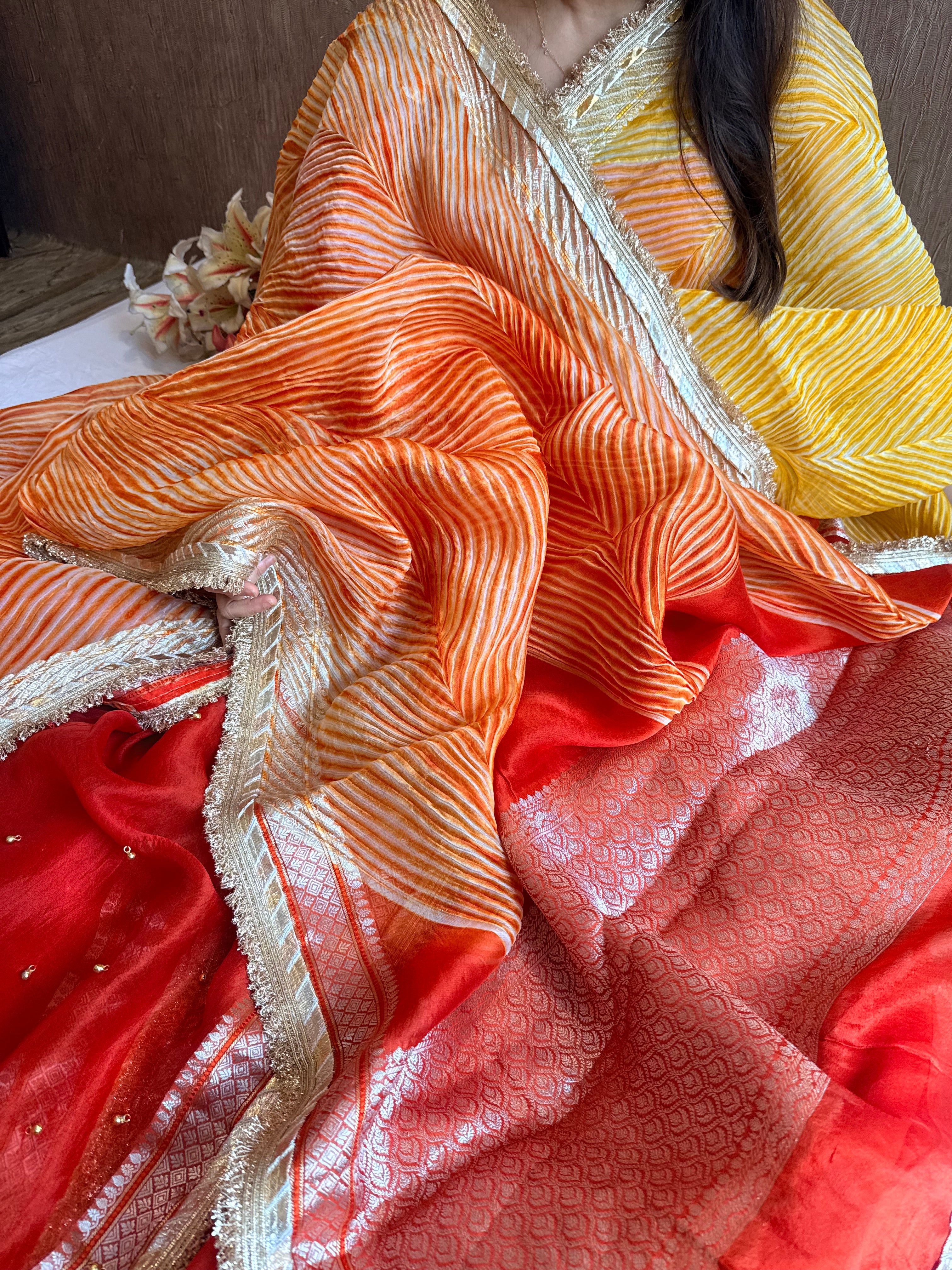 Arshi dye ghungro work kora silk banarasi kadhwa weaving saree