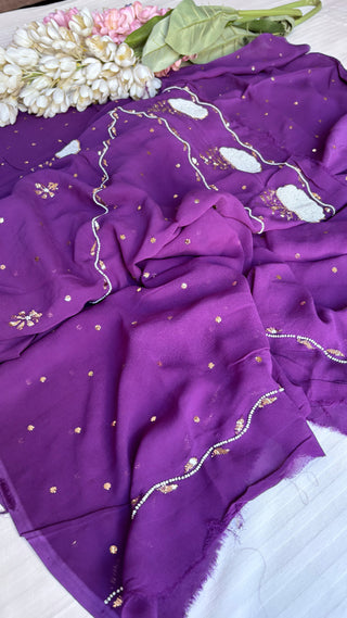 Pure banarasi purple gorgette katdana and mukaish pearl hand embroidered suit set