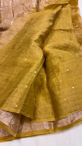 Pure banarasi mustard yellow crushed tissue silk handwoven kadhwa saree with intricate border and kadhwa blouse