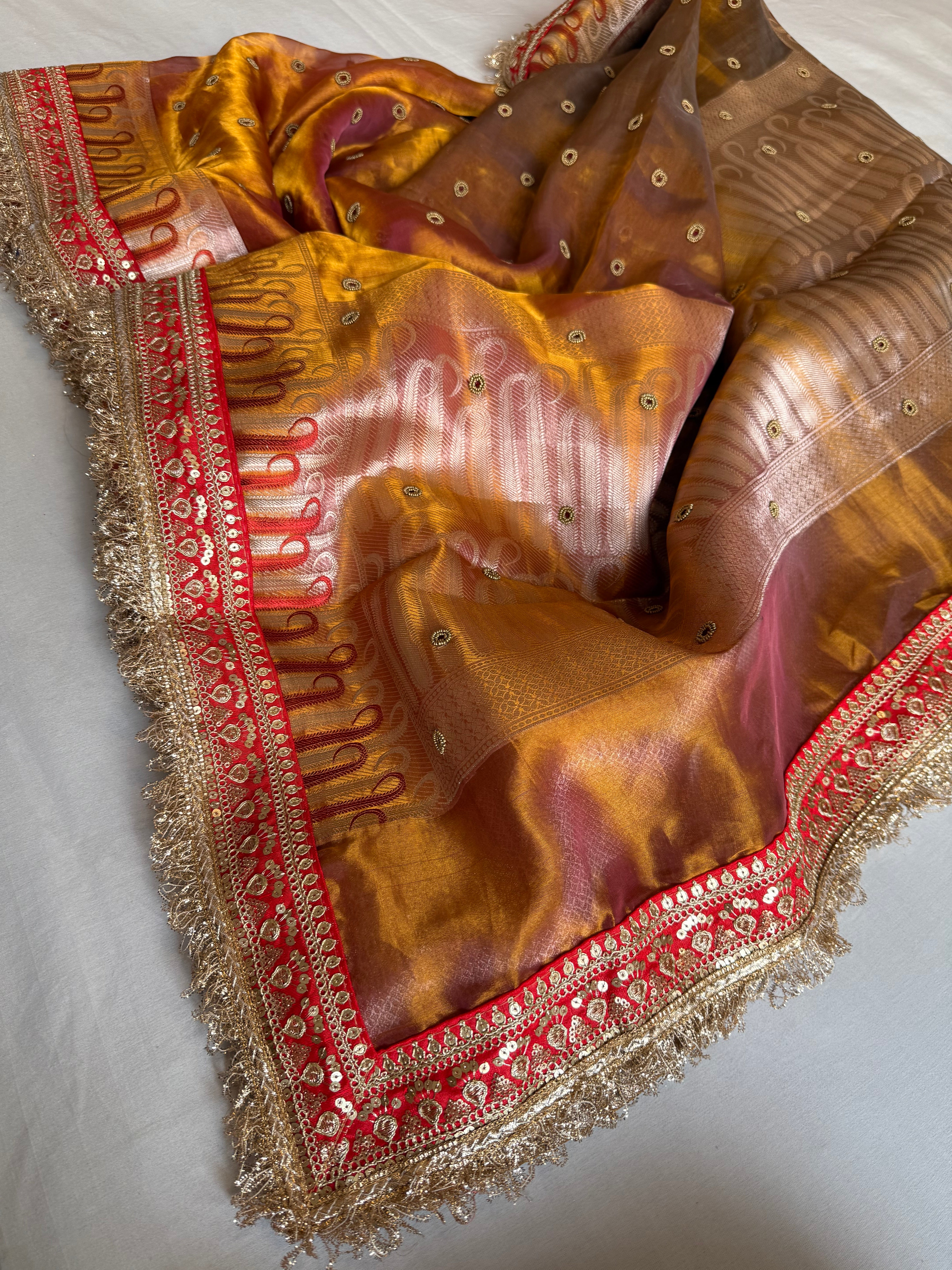 Kanjivaram gold tissue silk red meenakari hand embroidered kadhwa saree