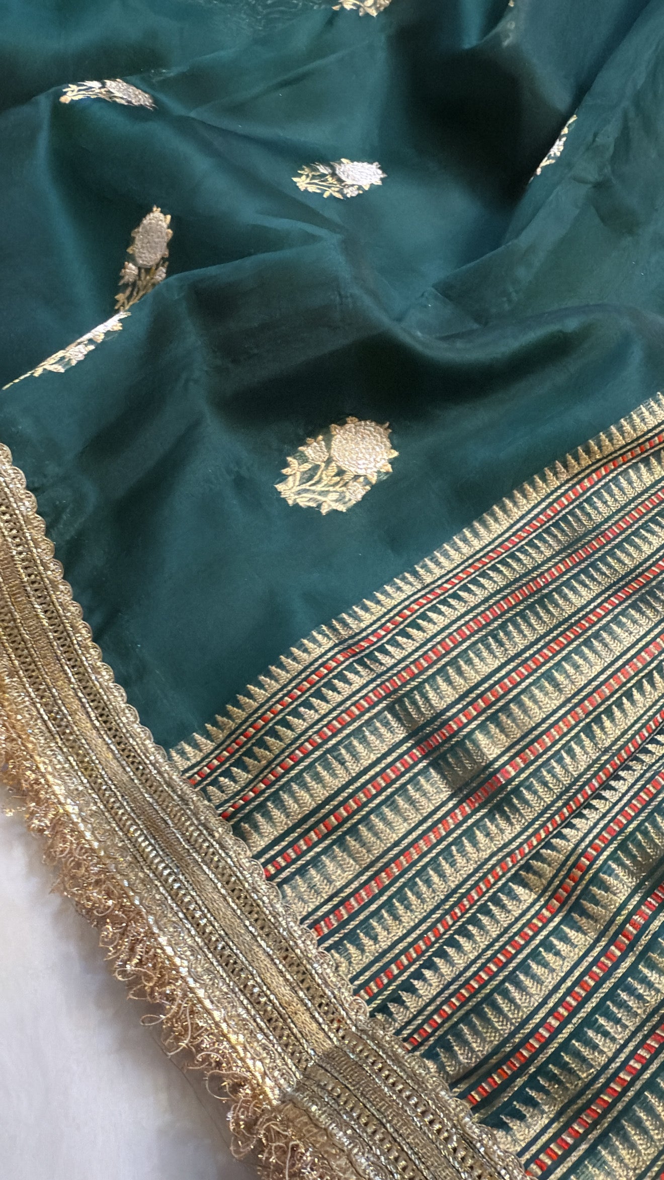 Dark bottle green kora silk meenakari kadhwa gotapatti saree