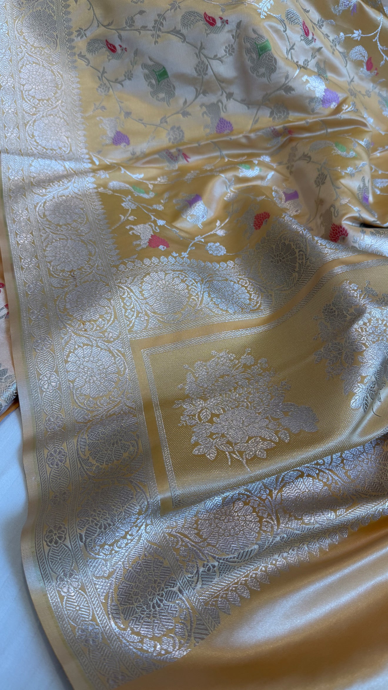 Butter yellow mashru satin silk shikargah motif Banarasi suit set