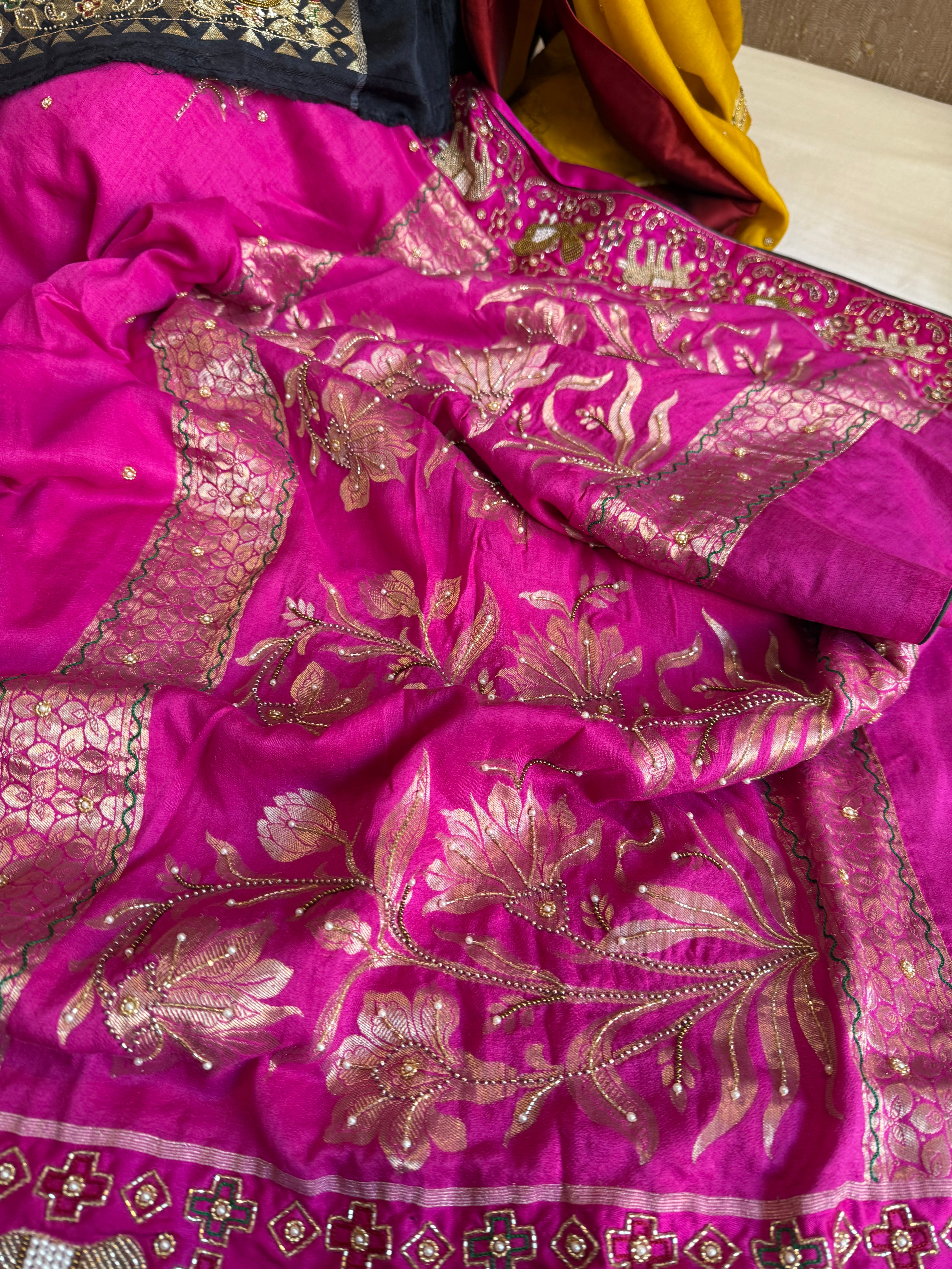 Moonga silk fusion saree with double ikkat patola inspired hand embroidered saree