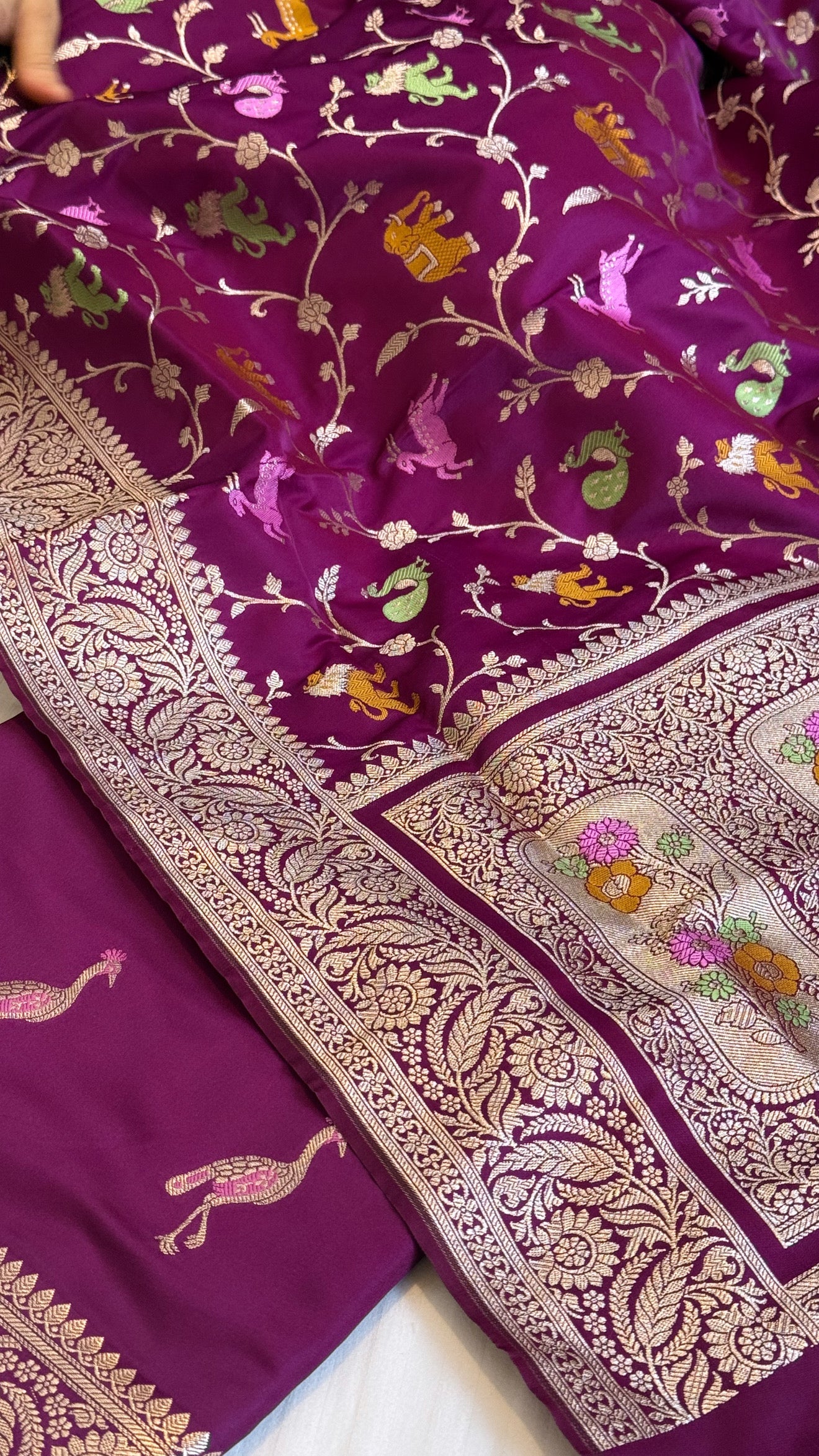 Deep purple mashru satin silk shikargah motif Banarasi silk suit set