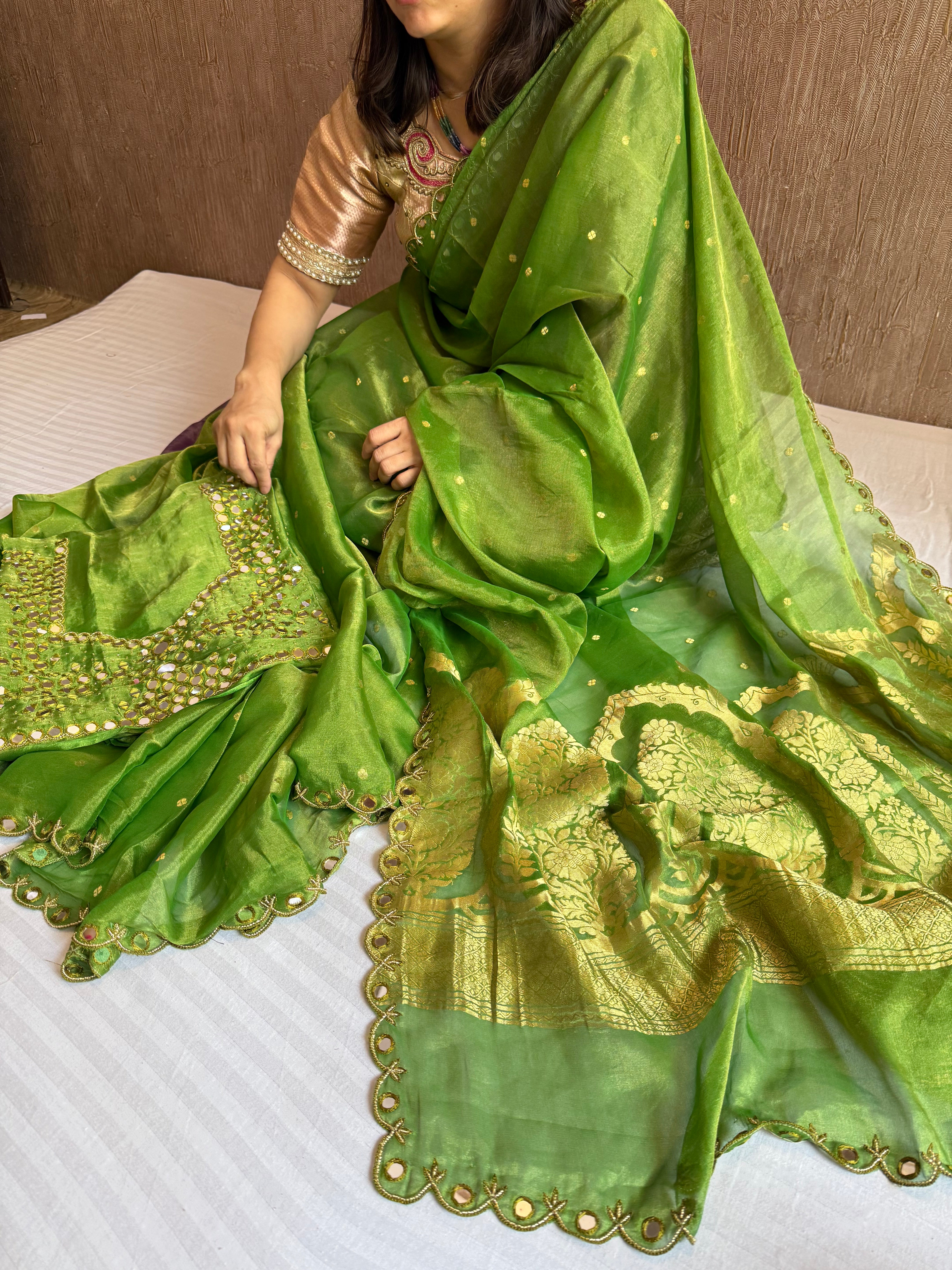 Parrot green tissue gorgette kadhwa mirror hand embroidered saree